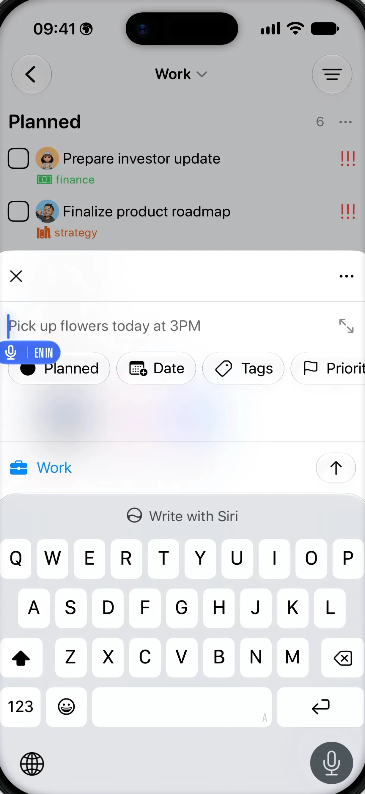Tasks quick entry on iPhone recognising a recurring Monday task at the office