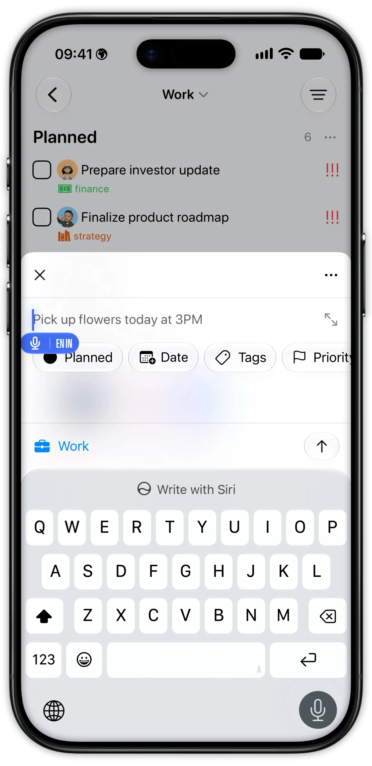 Tasks quick entry on iPhone recognising a recurring Monday task at the office