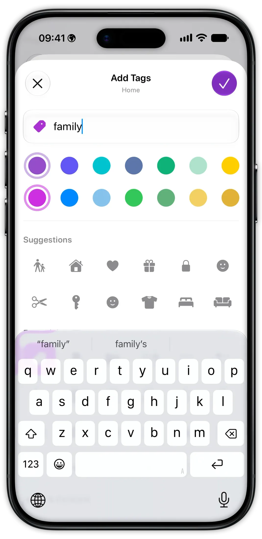 Tasks tag editor on iPhone suggesting an icon for a new project tag