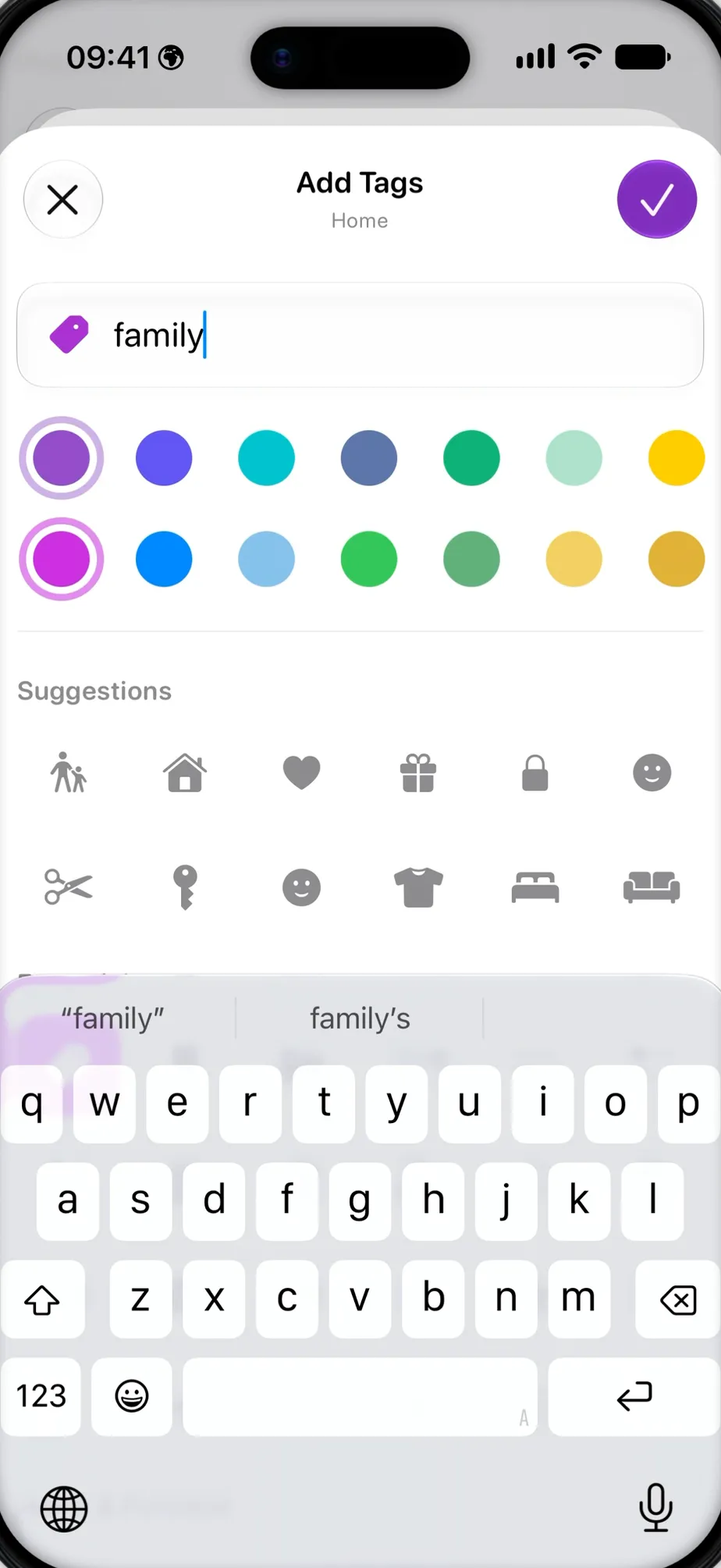 Tasks tag editor on iPhone suggesting an icon for a new project tag