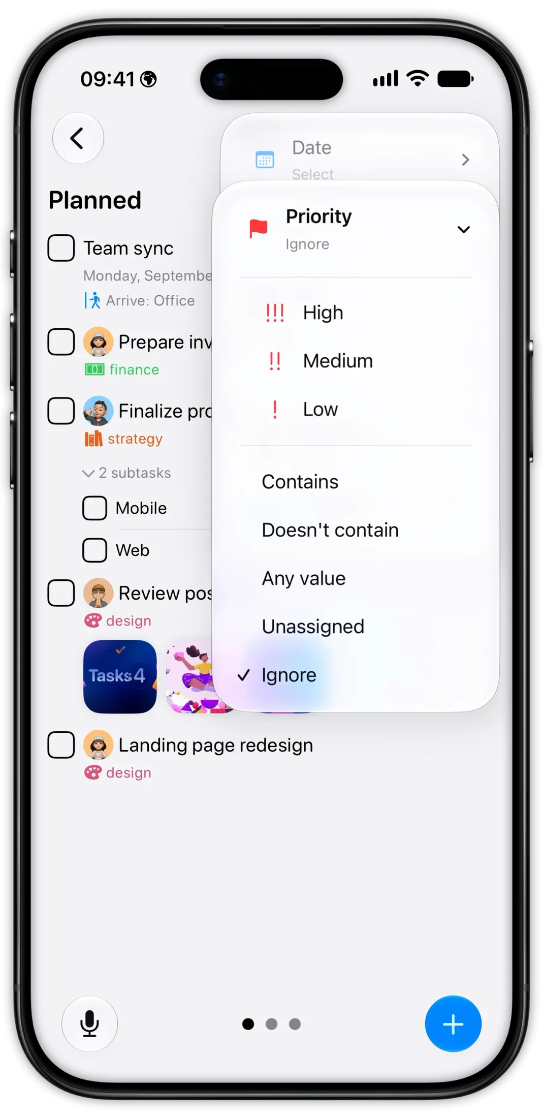 Tasks on iPhone filtering a project by priority before saving the view as a Smart List