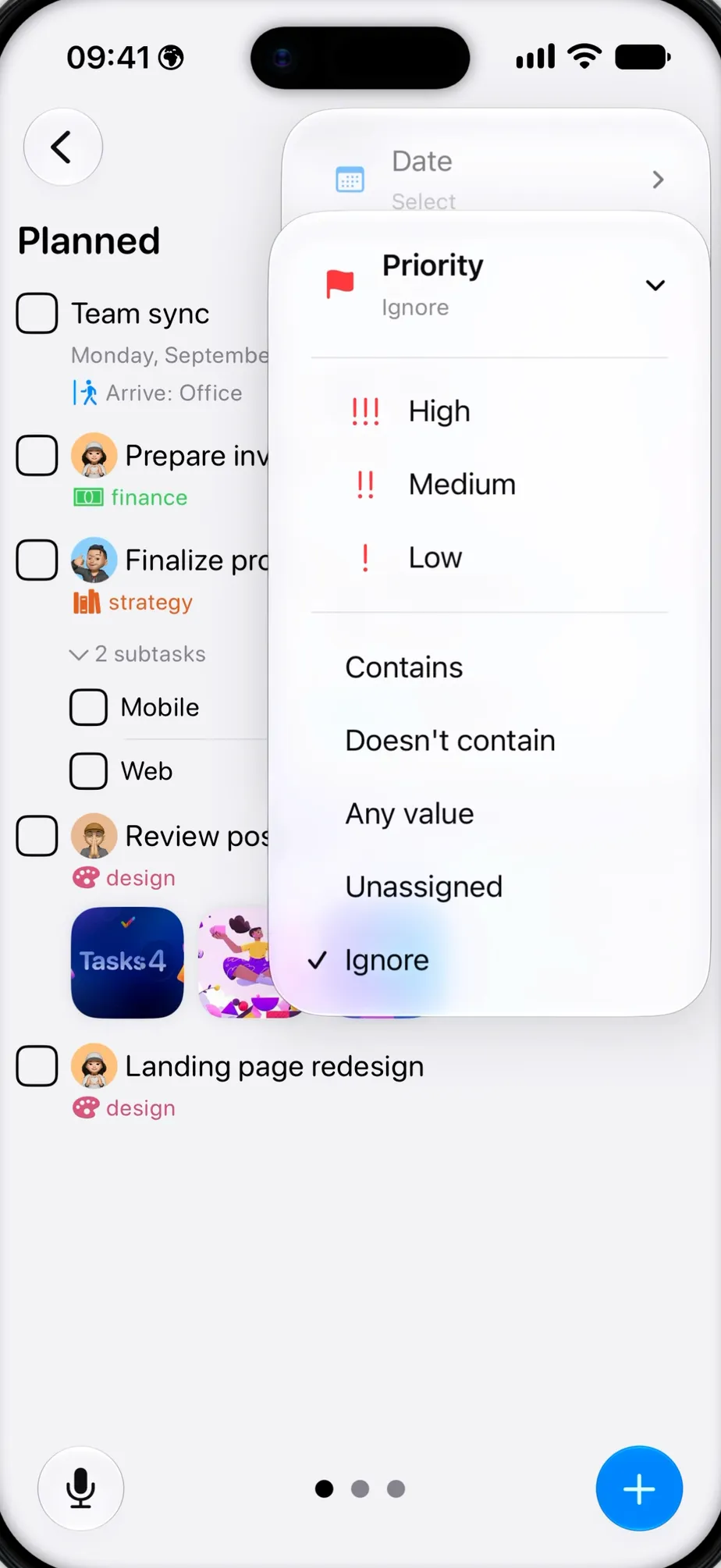 Tasks on iPhone filtering a project by priority before saving the view as a Smart List