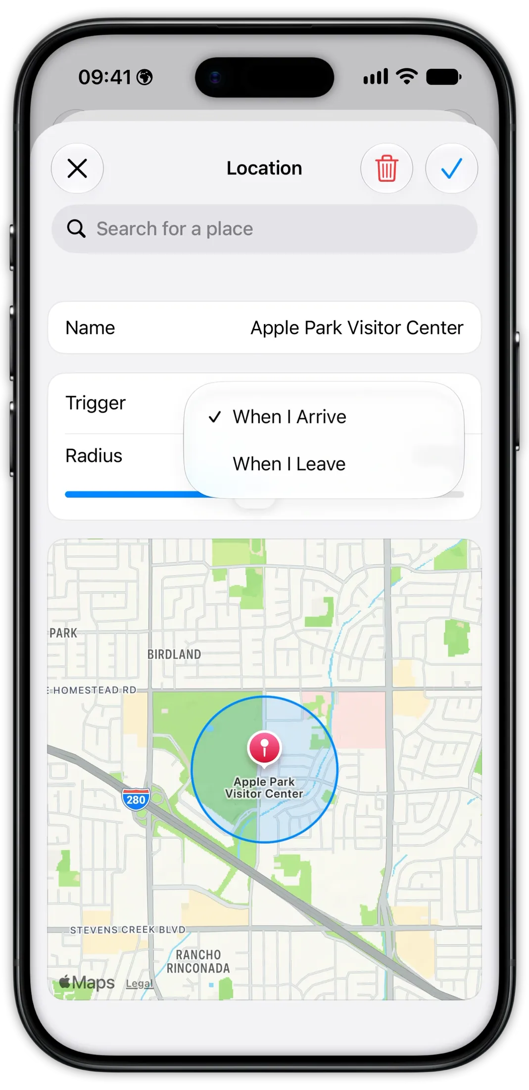 Tasks location reminder on iPhone set to trigger on arrival at Apple Park Visitor Center