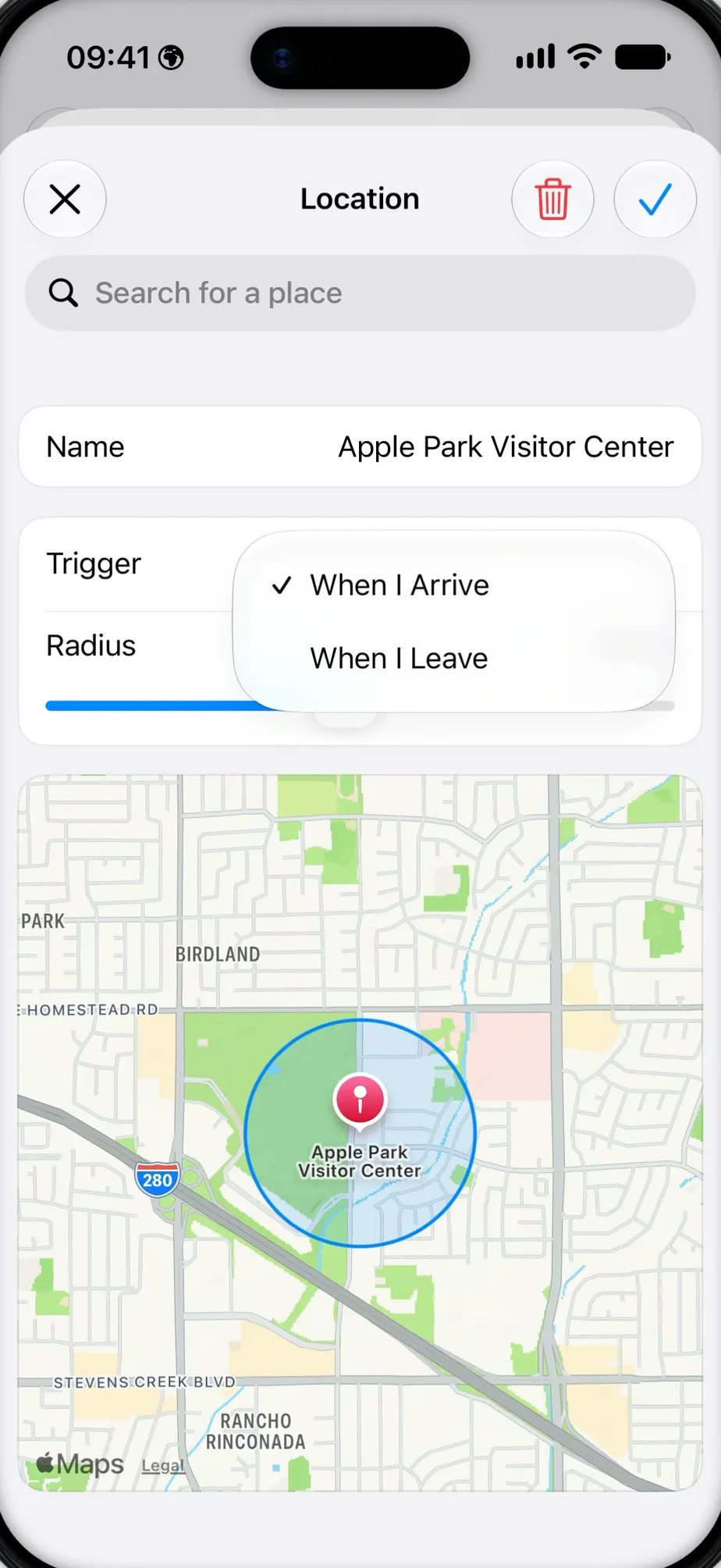Tasks location reminder on iPhone set to trigger on arrival at Apple Park Visitor Center