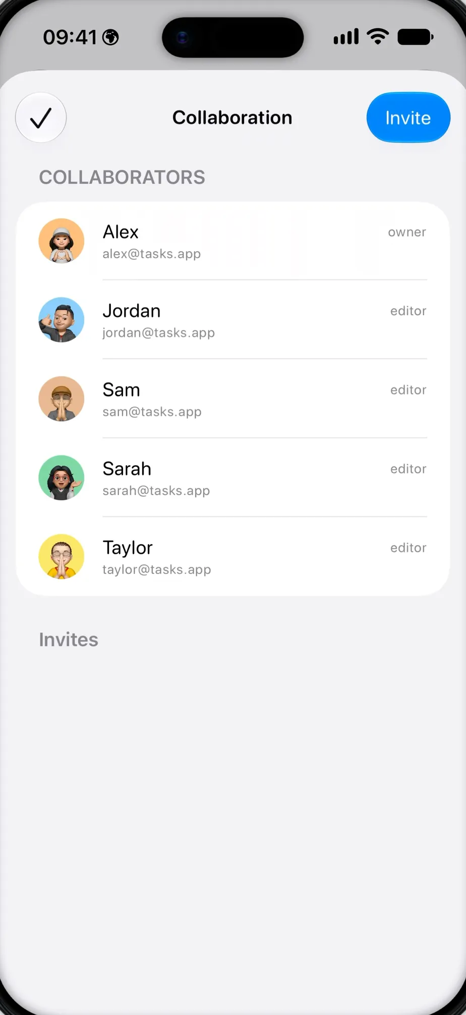 Tasks collaboration screen on iPhone inviting people to a shared project