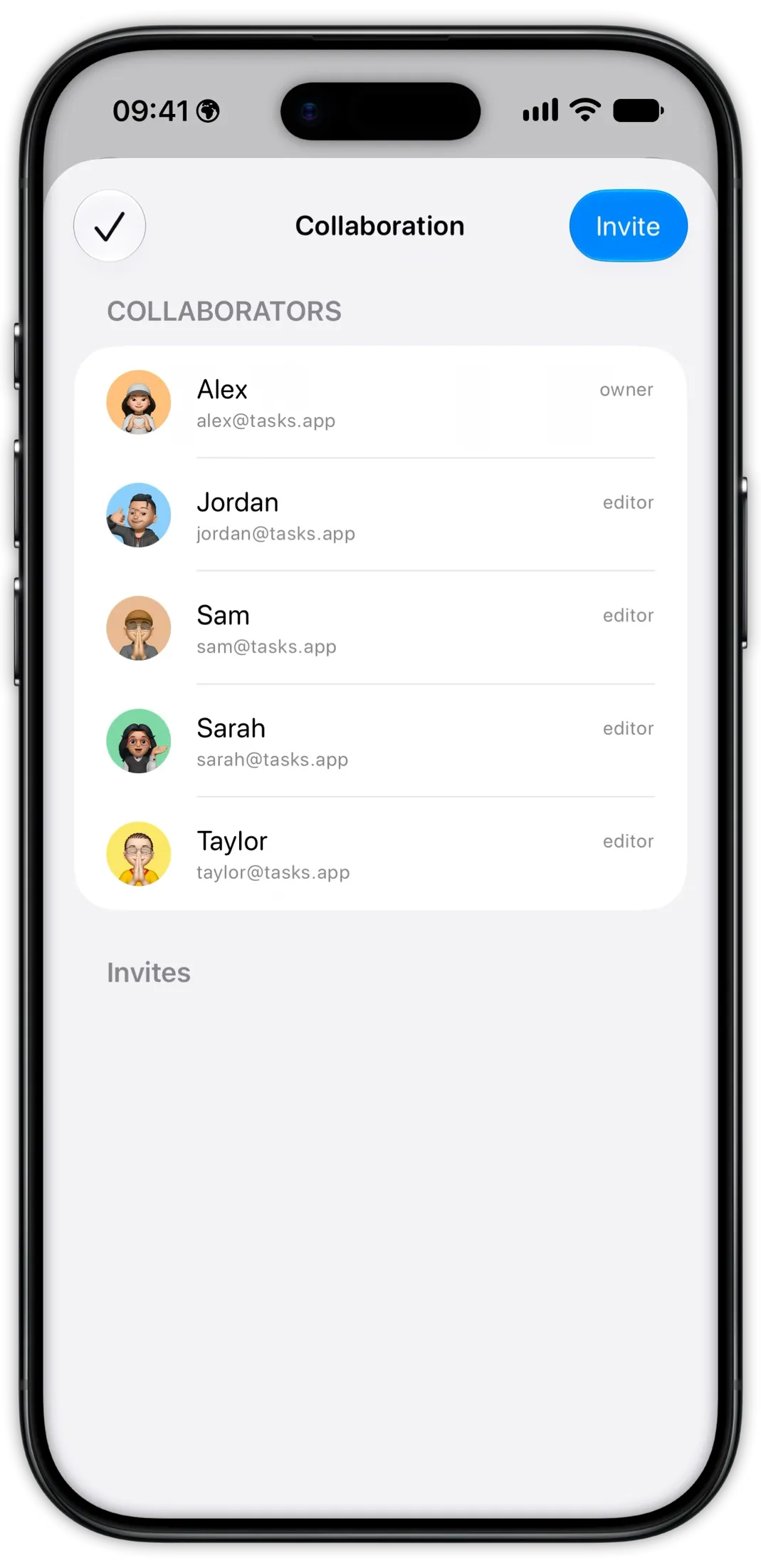 Tasks collaboration screen on iPhone inviting people to a shared project