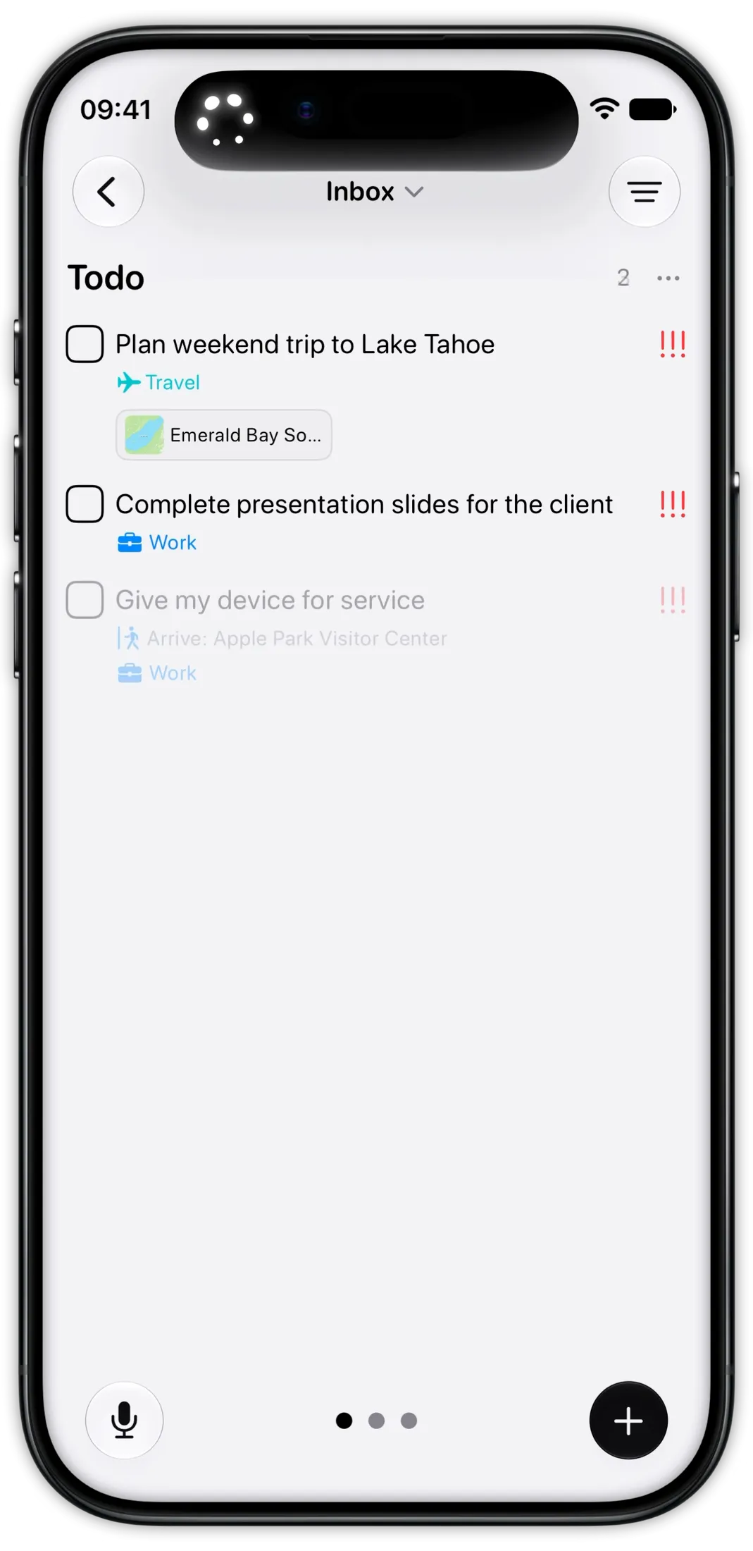 Siri and Tasks on iPhone capturing a spoken task with location, tags, priority and dates