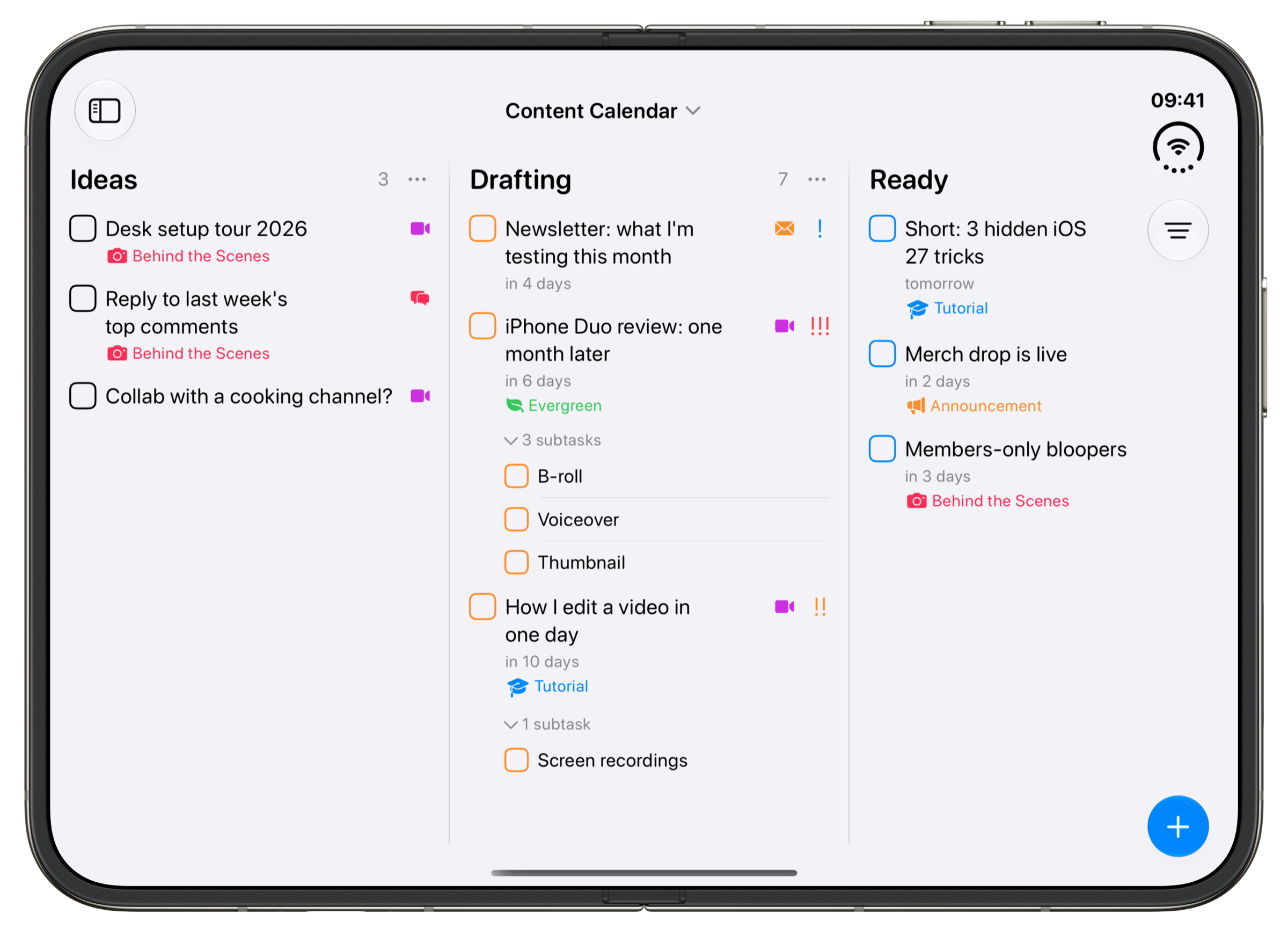 The Content Calendar example board in Tasks on an unfolded iPhone Duo