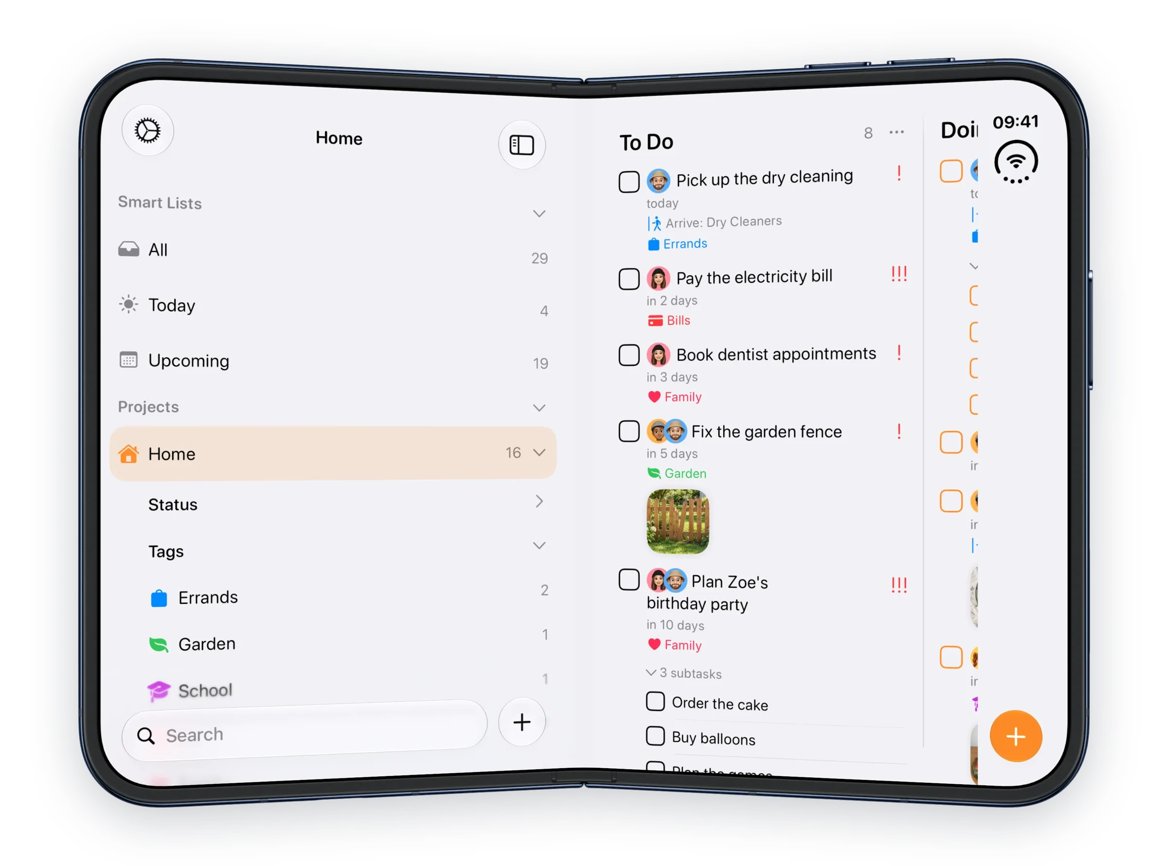 Smart Lists, projects and tags beside Home.