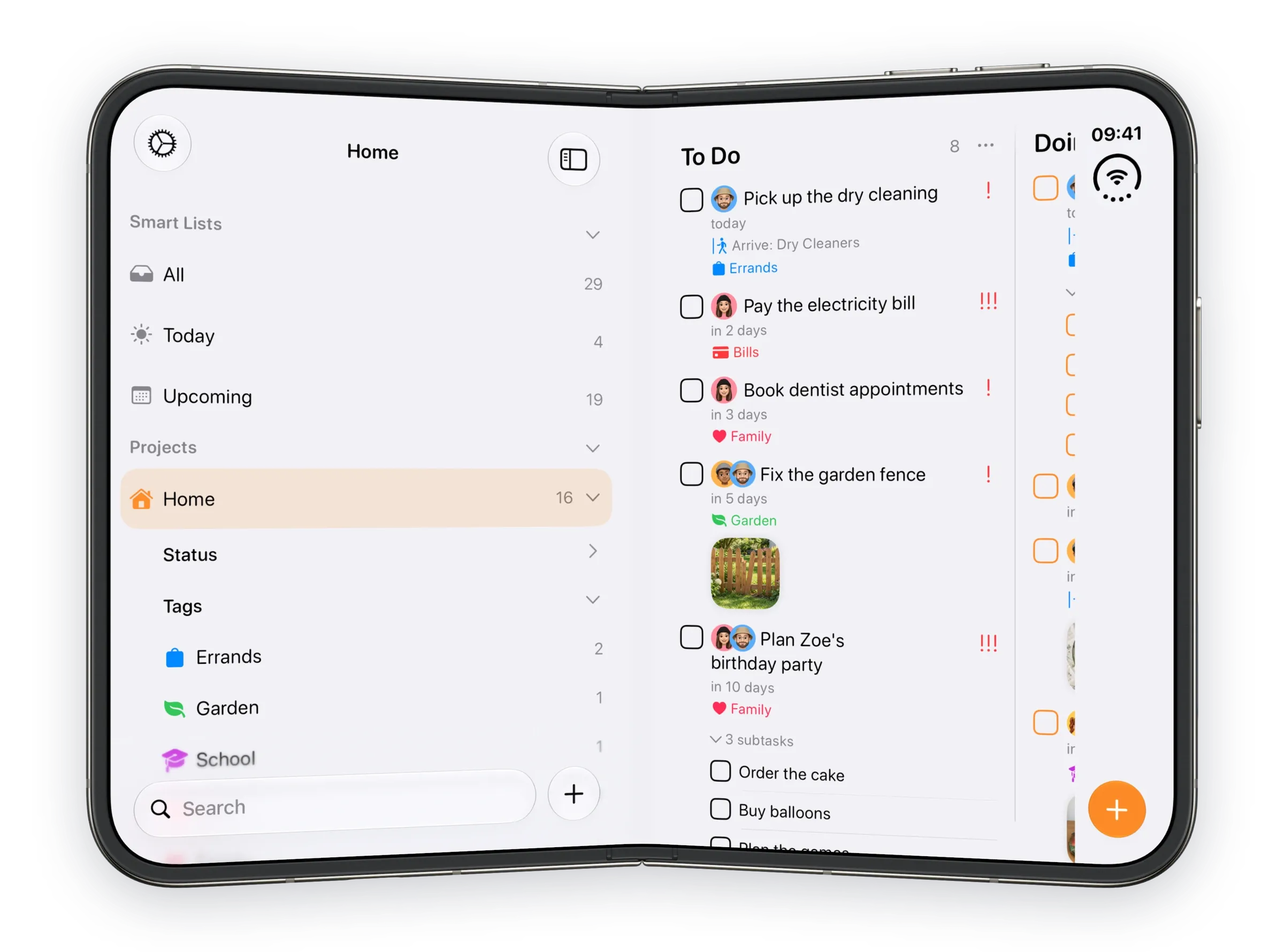 Smart Lists, projects and tags beside Home.