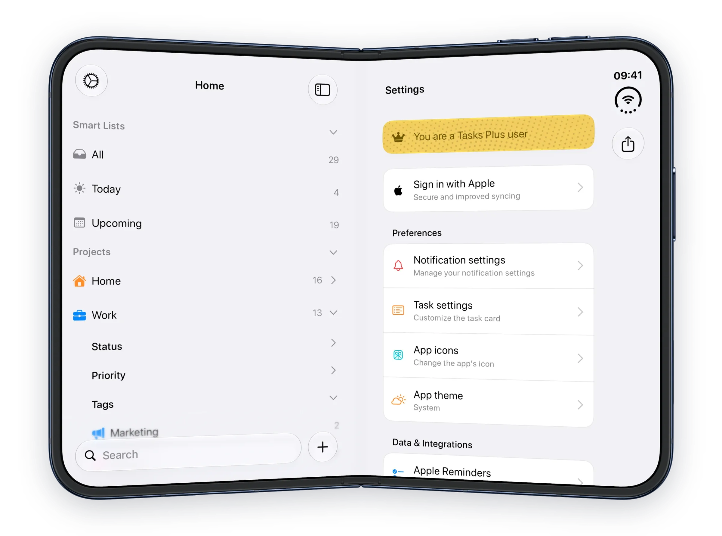 The rebuilt Settings in the detail column.