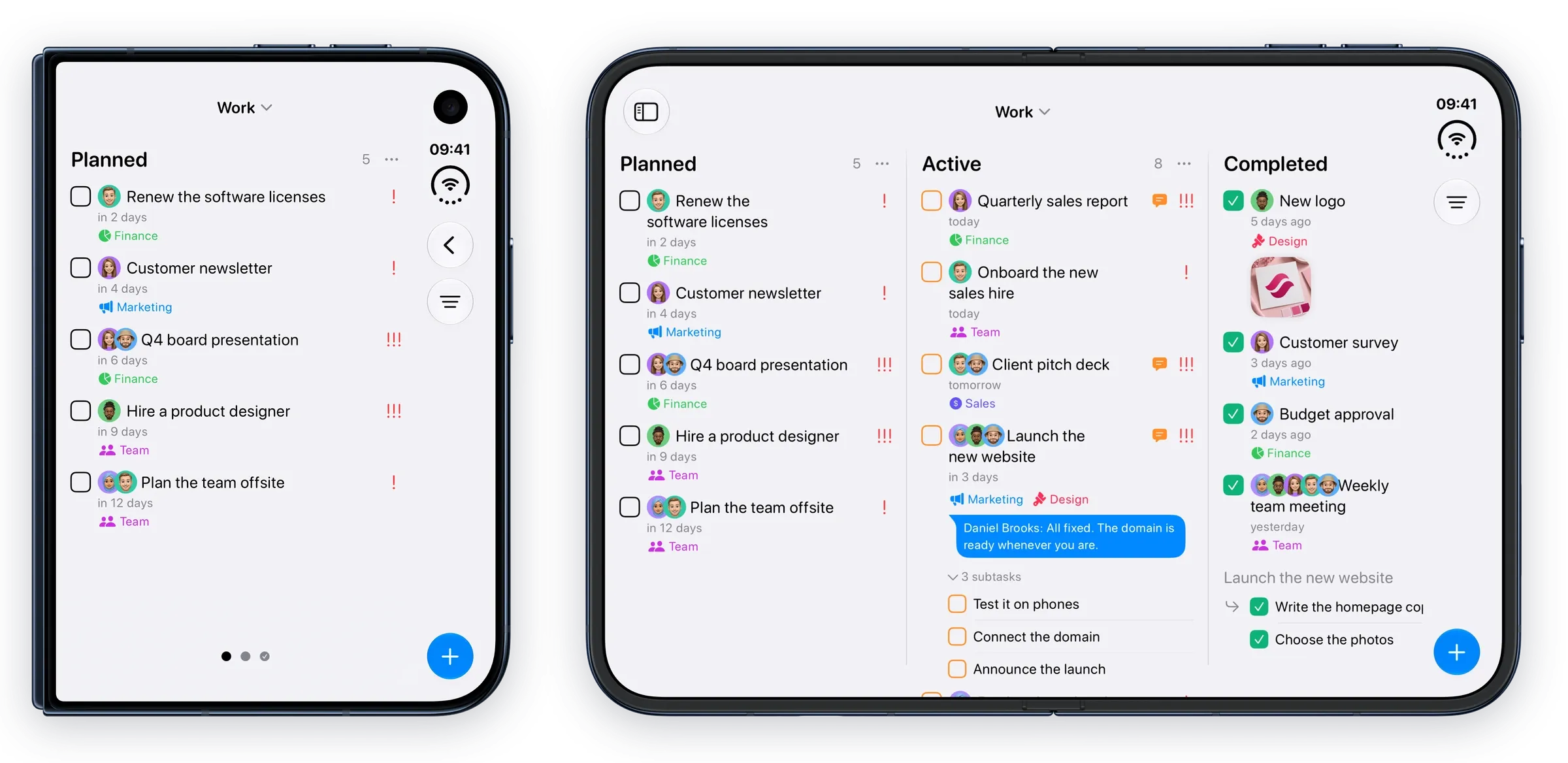 Tasks on an iPhone Duo, folded and unfolded. Folded, the outer display shows the Work board's Planned column. Unfolded, the inner display shows Planned, Active and Completed side by side.