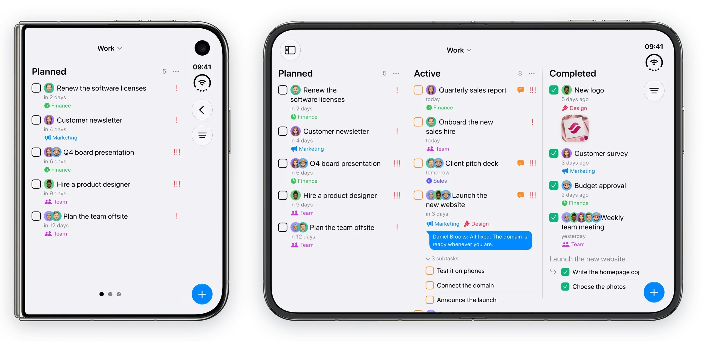 Tasks on an iPhone Duo, folded and unfolded. Folded, the outer display shows the Work board's Planned column. Unfolded, the inner display shows Planned, Active and Completed side by side.
