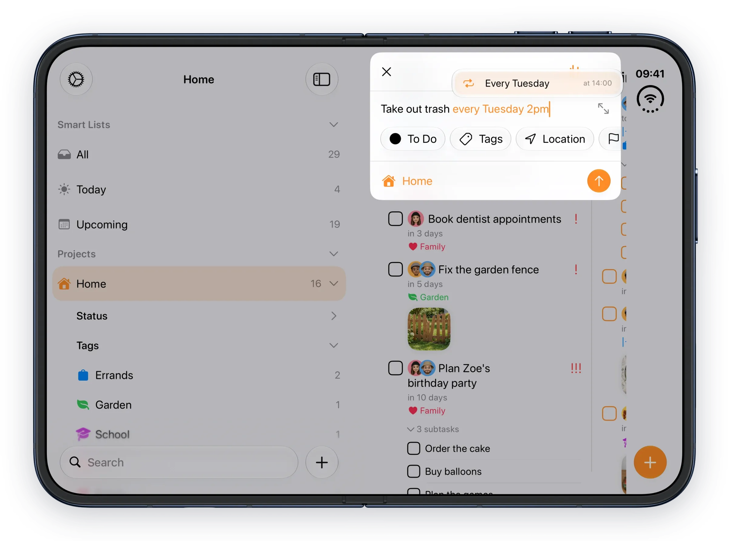 Open: the same Create Task card floating near the top of the inner display over the Home board.