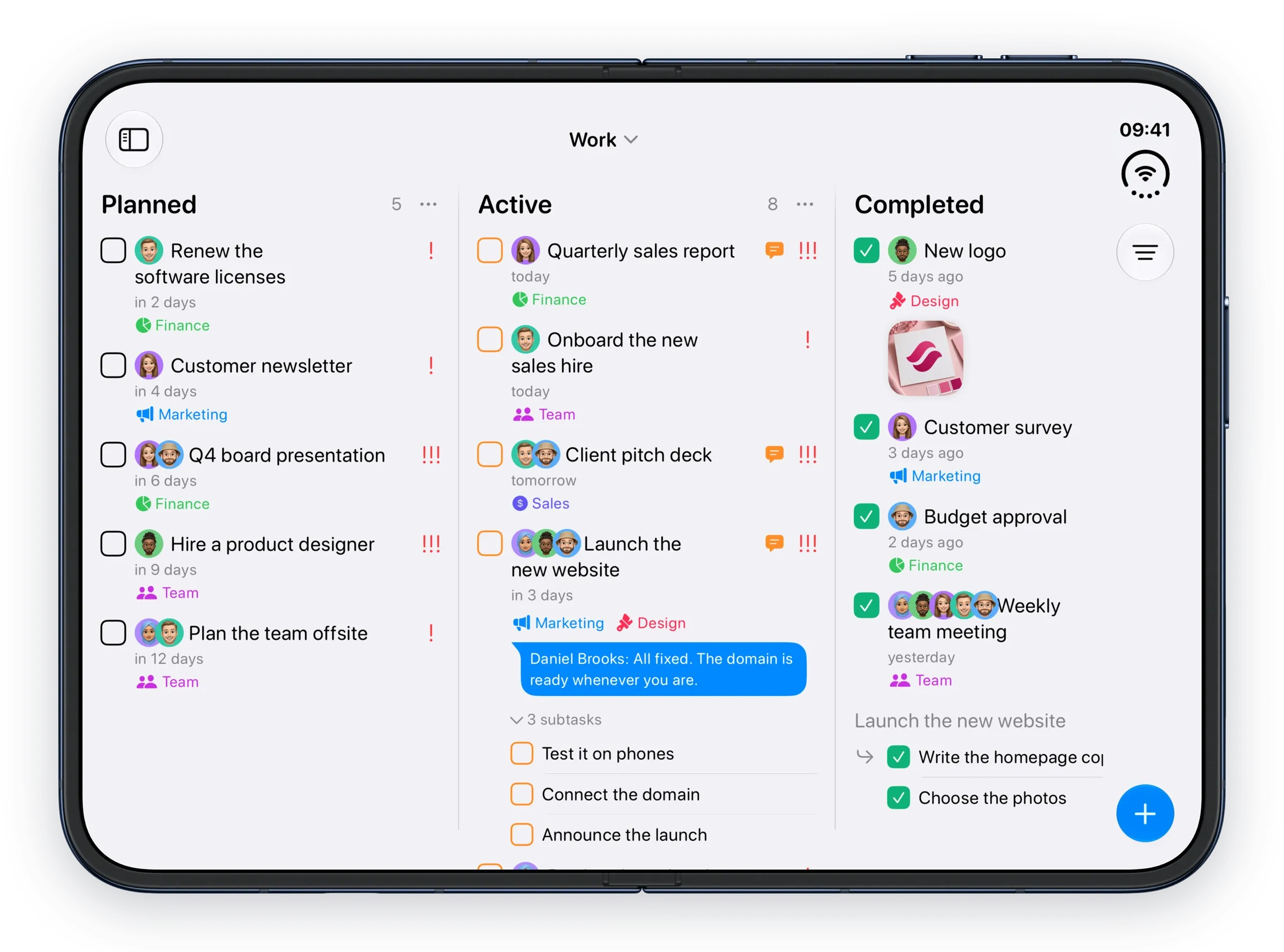The Work board on an iPhone Duo, open.