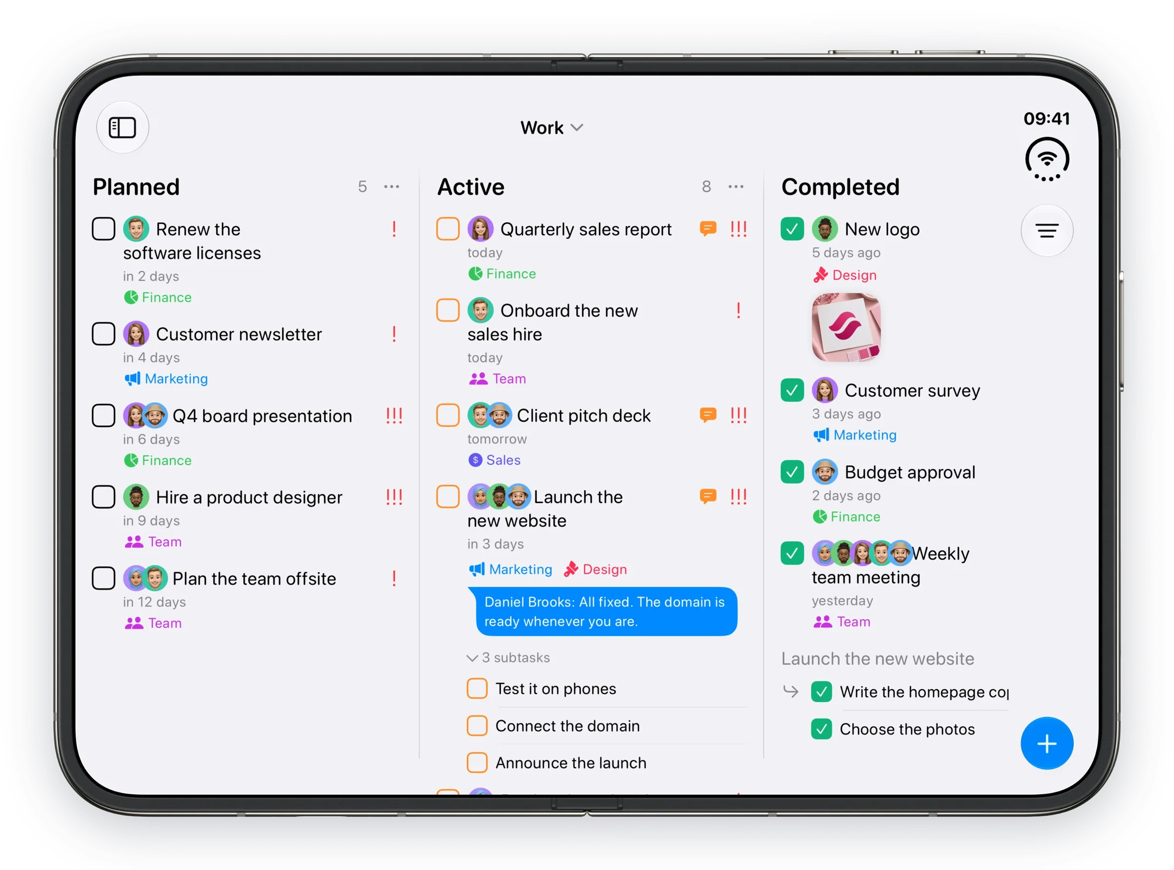 The Work board on an iPhone Duo, open.