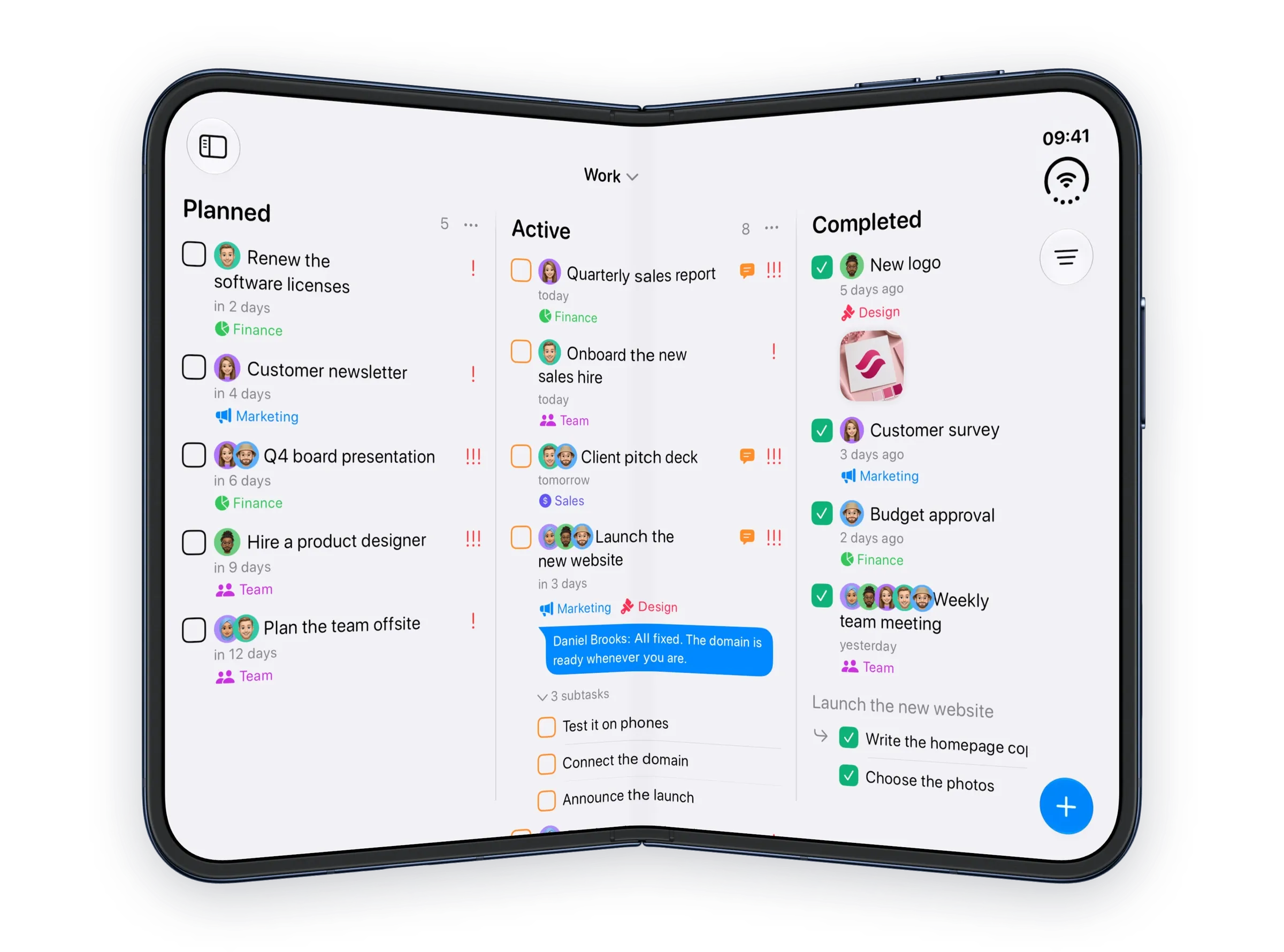 The Work board on an iPhone Duo, half-folded.