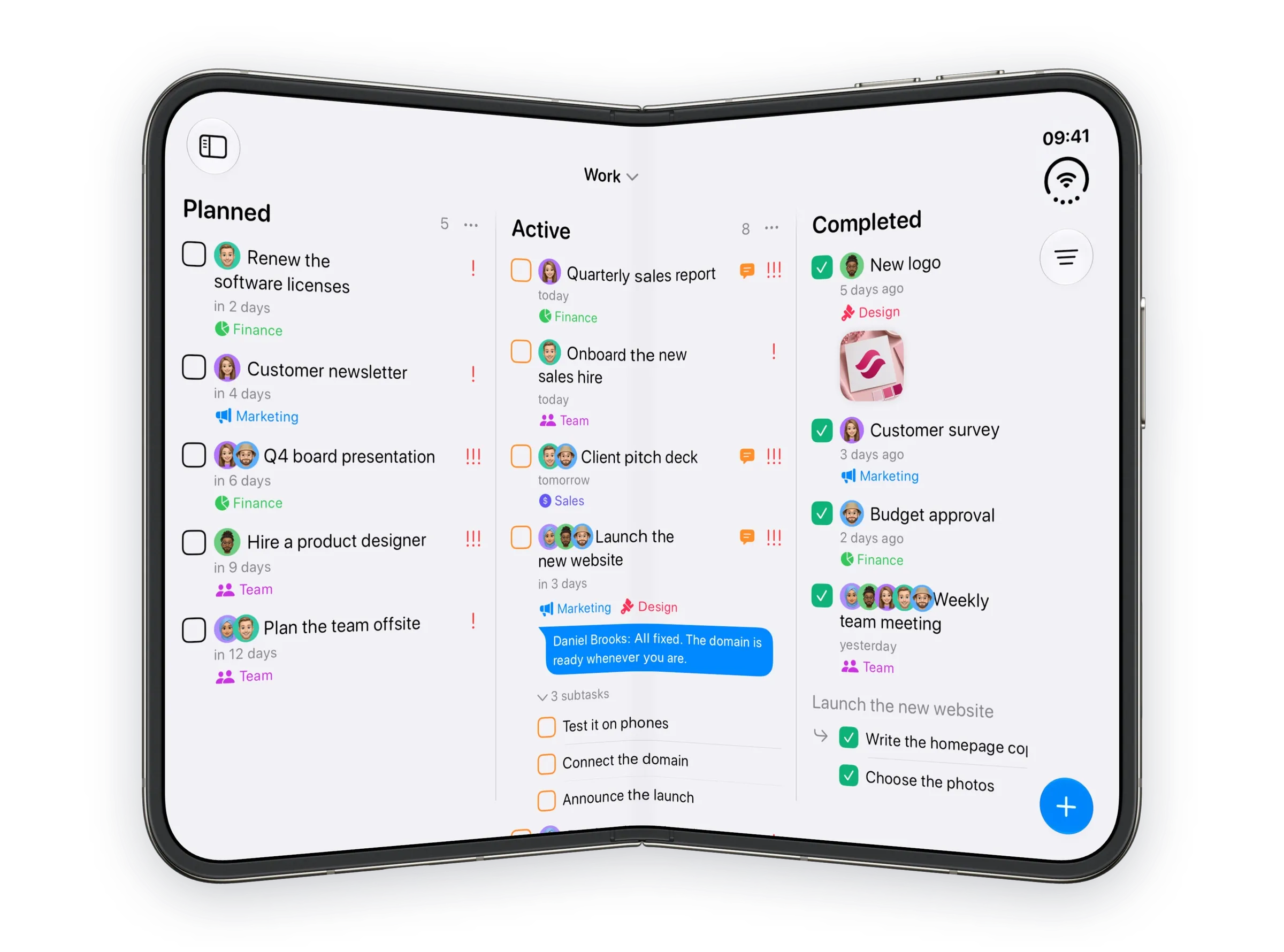 The Work board on an iPhone Duo, half-folded.
