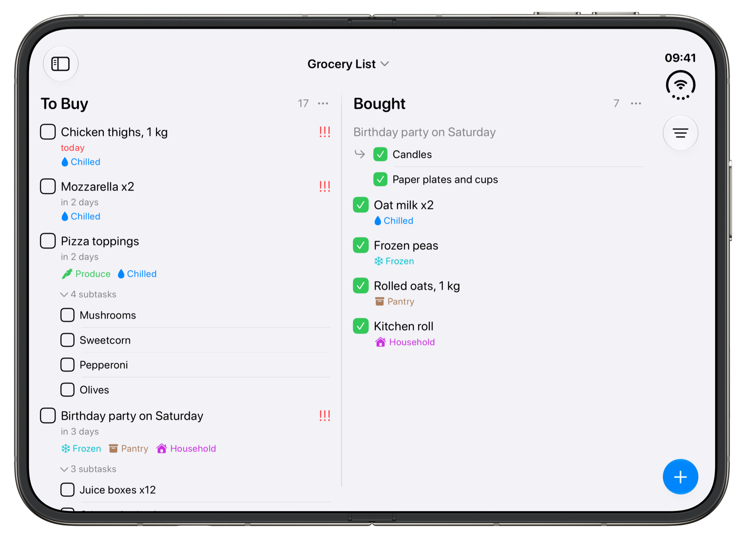 The Grocery List example board in Tasks on an unfolded iPhone Duo