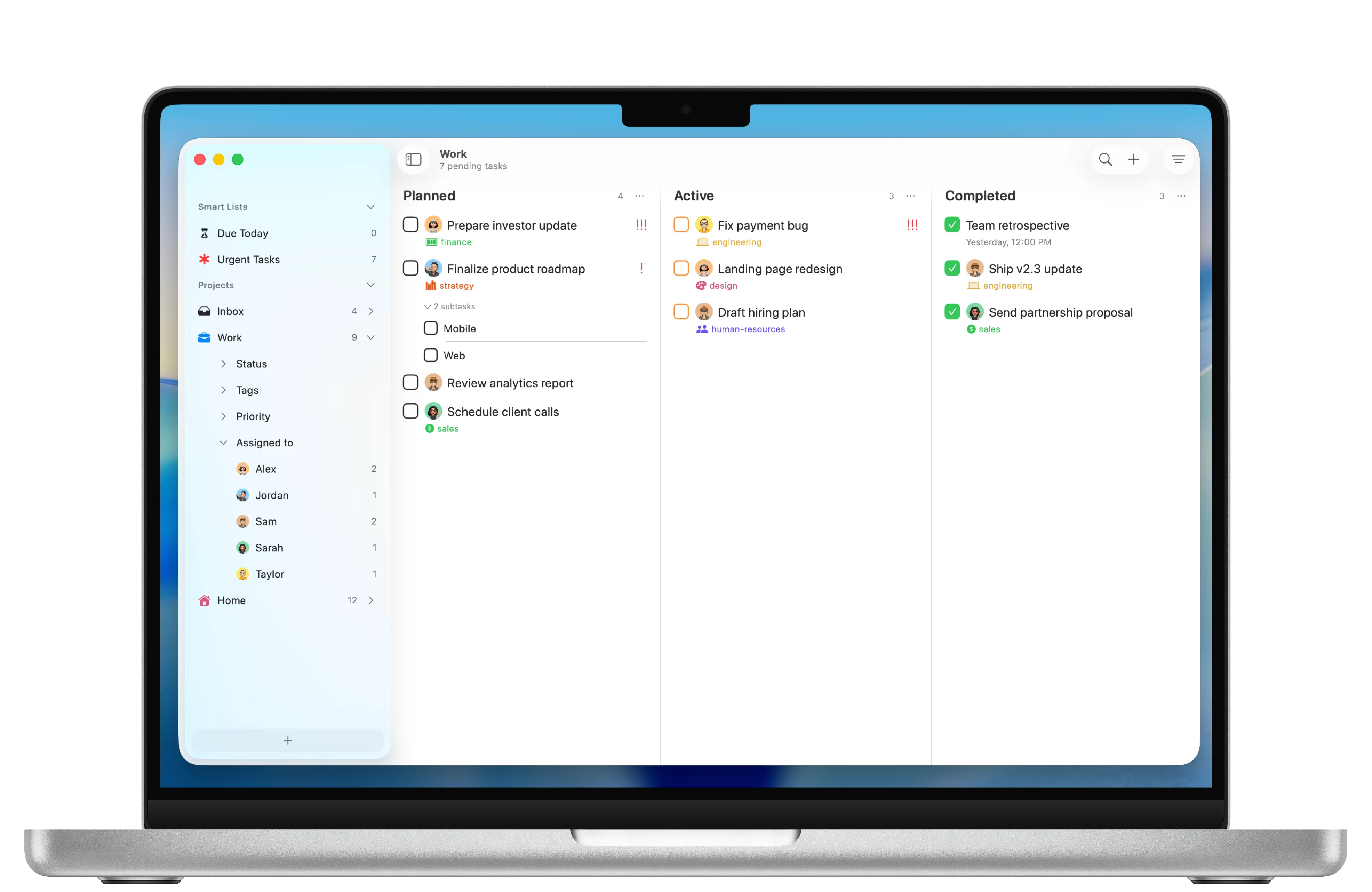 Tasks Work project on a MacBook showing Planned, Active and Completed Kanban columns