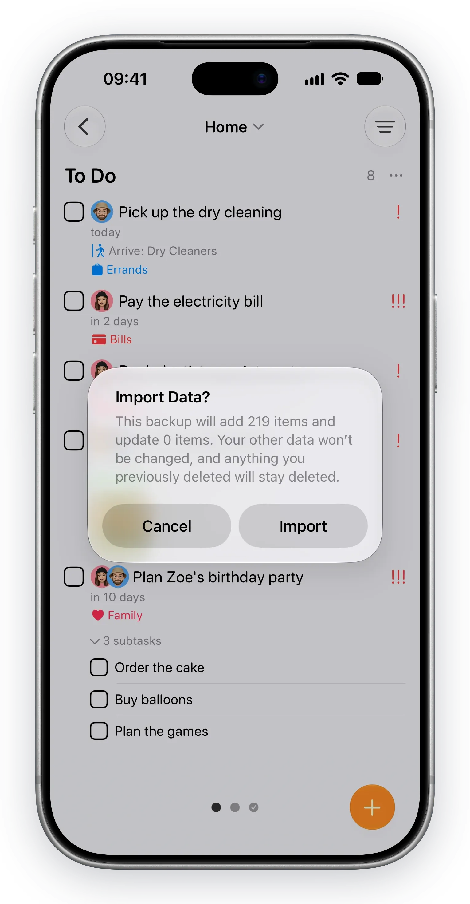 An iPhone showing an Import Data alert: this backup will add 219 items and update 0 items, with Cancel and Import buttons.