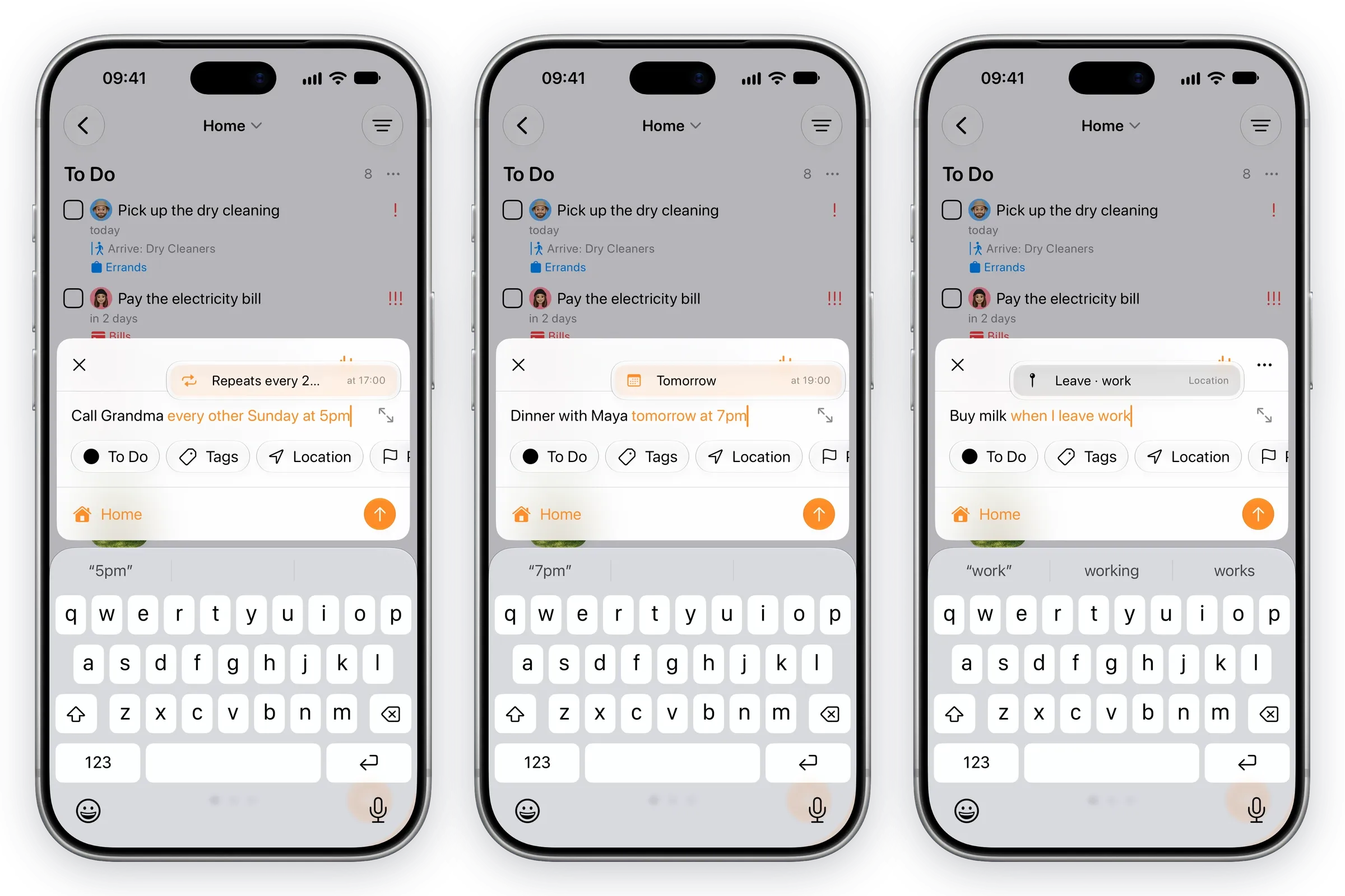 Three iPhones showing Create Task with Call Grandma every other Sunday at 5pm, Dinner with Maya tomorrow at 7pm and Buy milk when I leave work, each with the recognised words highlighted and a suggestion above.