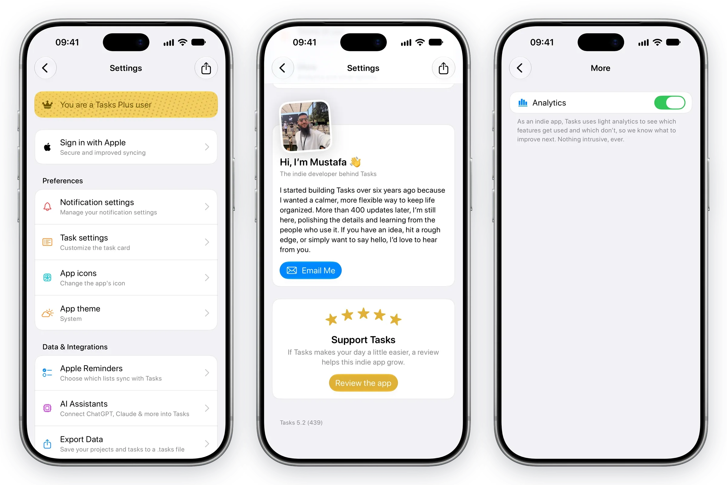 Three iPhones showing the new Settings with Preferences and Data and Integrations, the note from Mustafa at the bottom of Settings, and the Analytics switch.