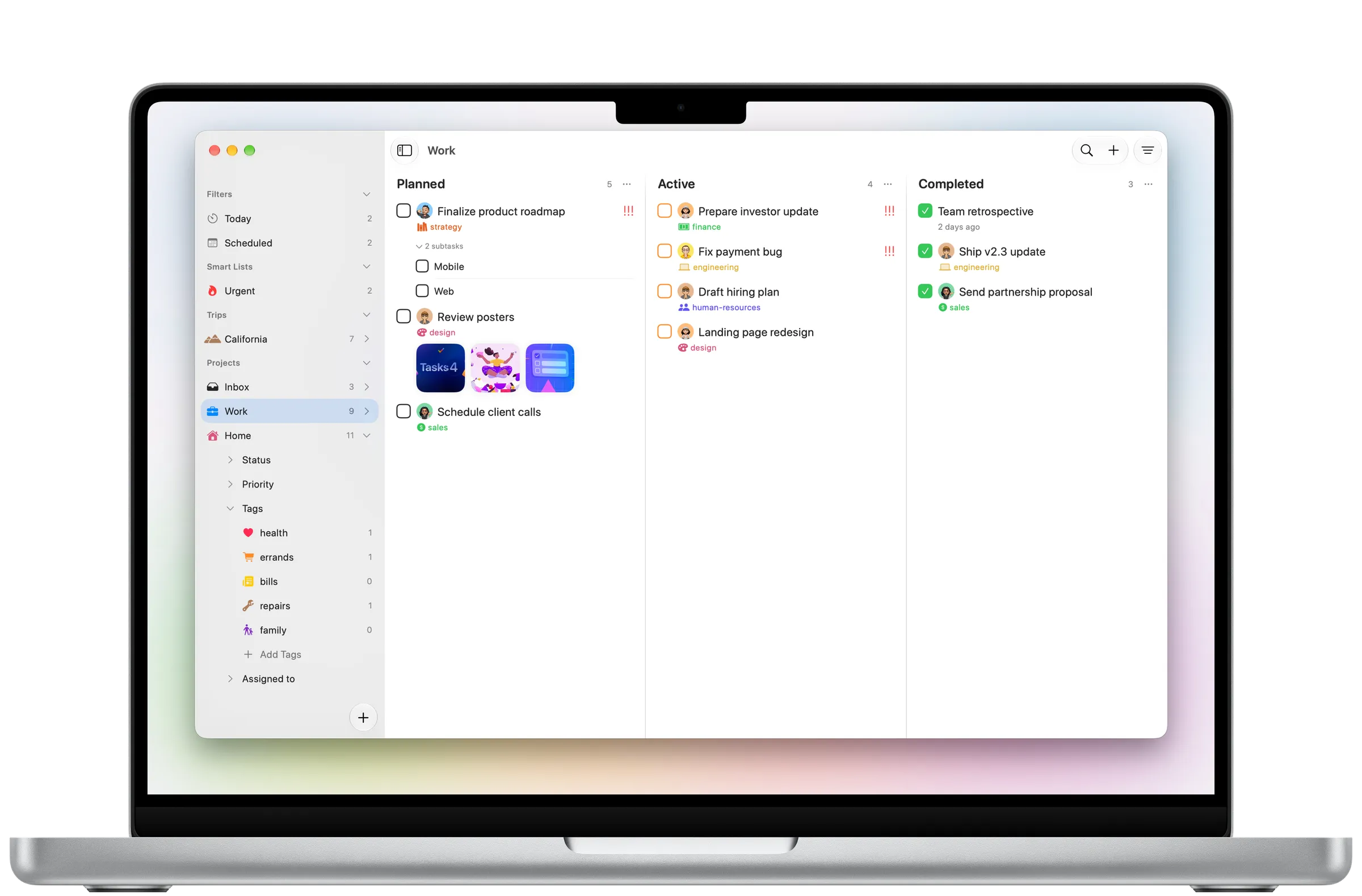 Tasks Work project on a MacBook Pro, with Planned, Active and Completed columns