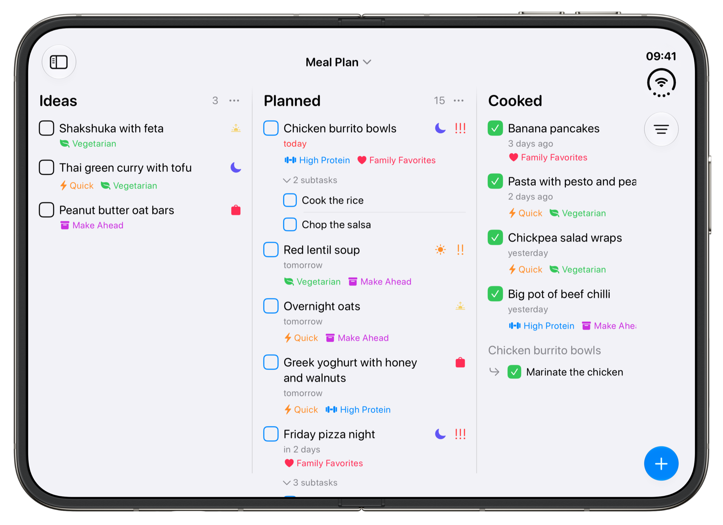 The Meal Plan example board in Tasks on an unfolded iPhone Duo