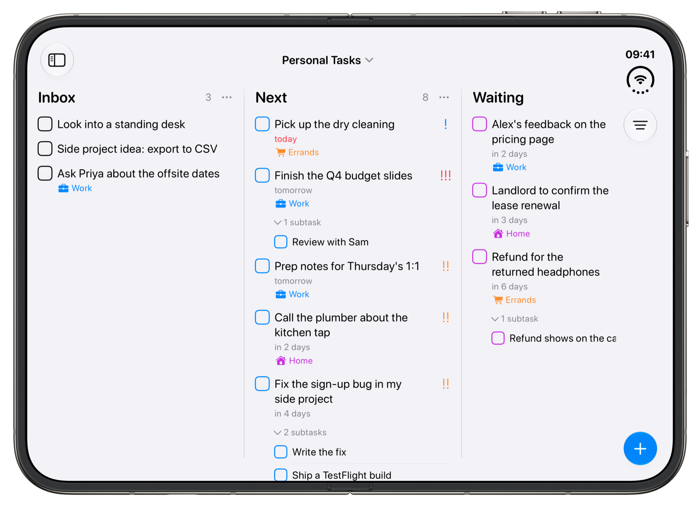 An unfolded iPhone Duo showing the Personal Tasks board in Tasks. Inbox has a standing desk, a side project idea and a question for Priya. Next has the dry cleaning, the Q4 budget slides, notes for a 1:1, the plumber and a side project bug. Waiting has feedback from Alex, the landlord confirming a lease renewal and a headphones refund.