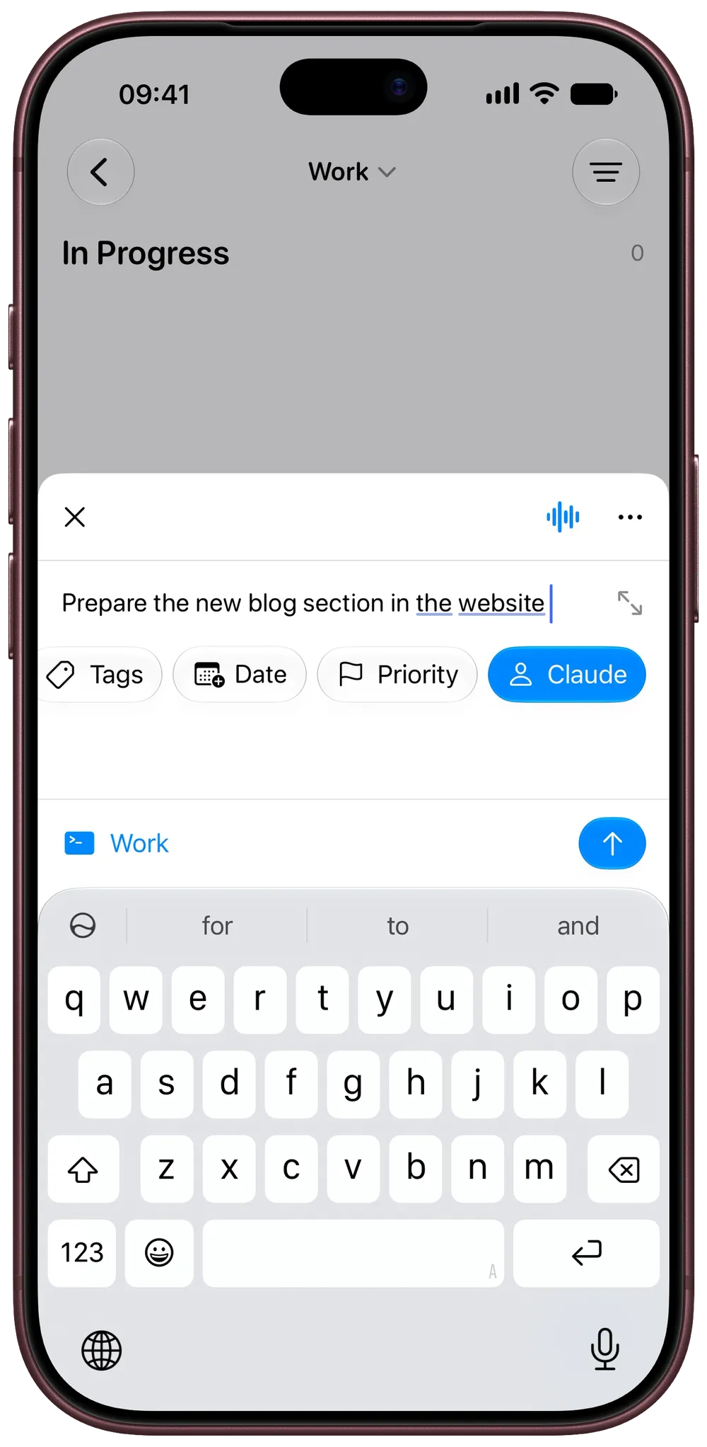 Tasks on iPhone creating a task assigned to Claude