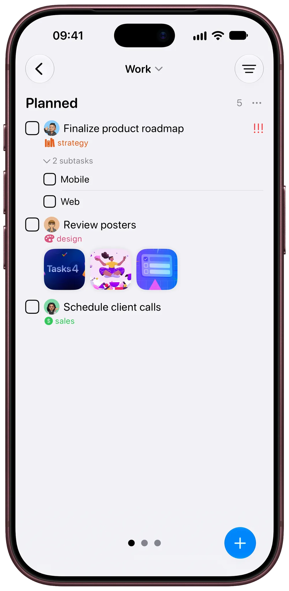 Tasks Work project on iPhone with planned tasks, subtasks, tags and image attachments