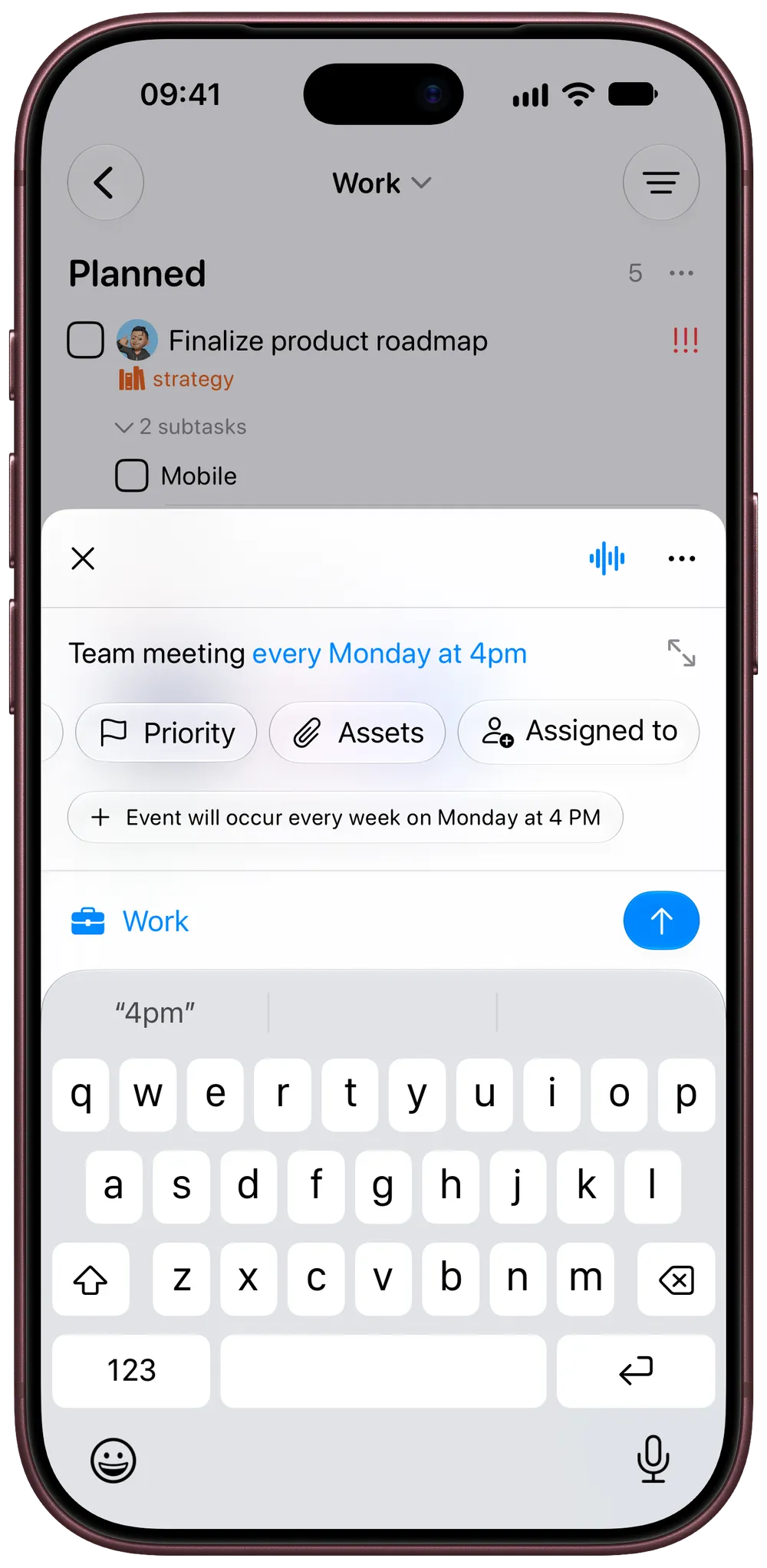 Tasks on iPhone turning “Team meeting every Monday at 4pm” into a weekly task