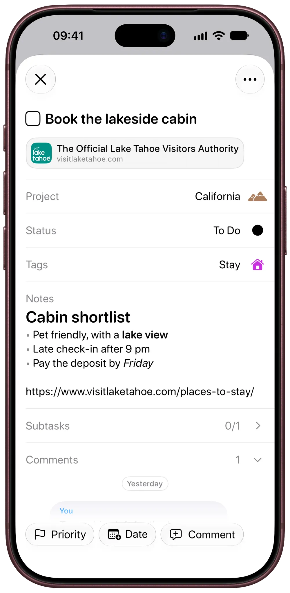 A task in Tasks on iPhone with a link preview and Markdown notes