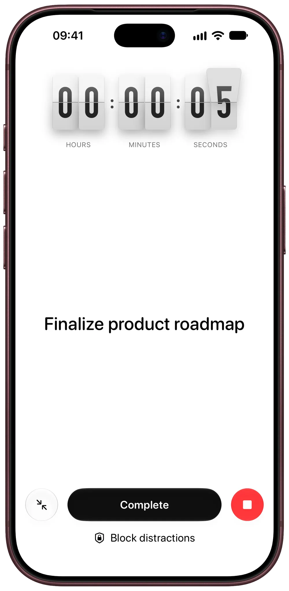 Tasks focus timer on iPhone counting up for “Finalize product roadmap”