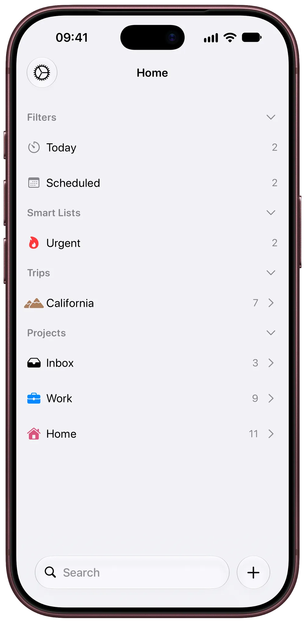Tasks Home on iPhone listing filters, Smart Lists and projects