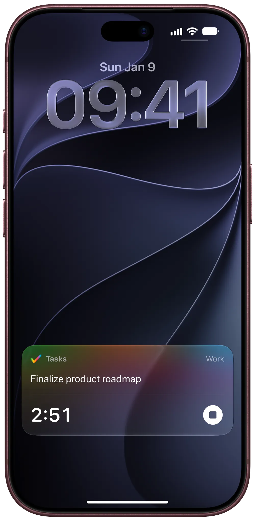 A Tasks focus timer running as a Live Activity on the iPhone Lock Screen