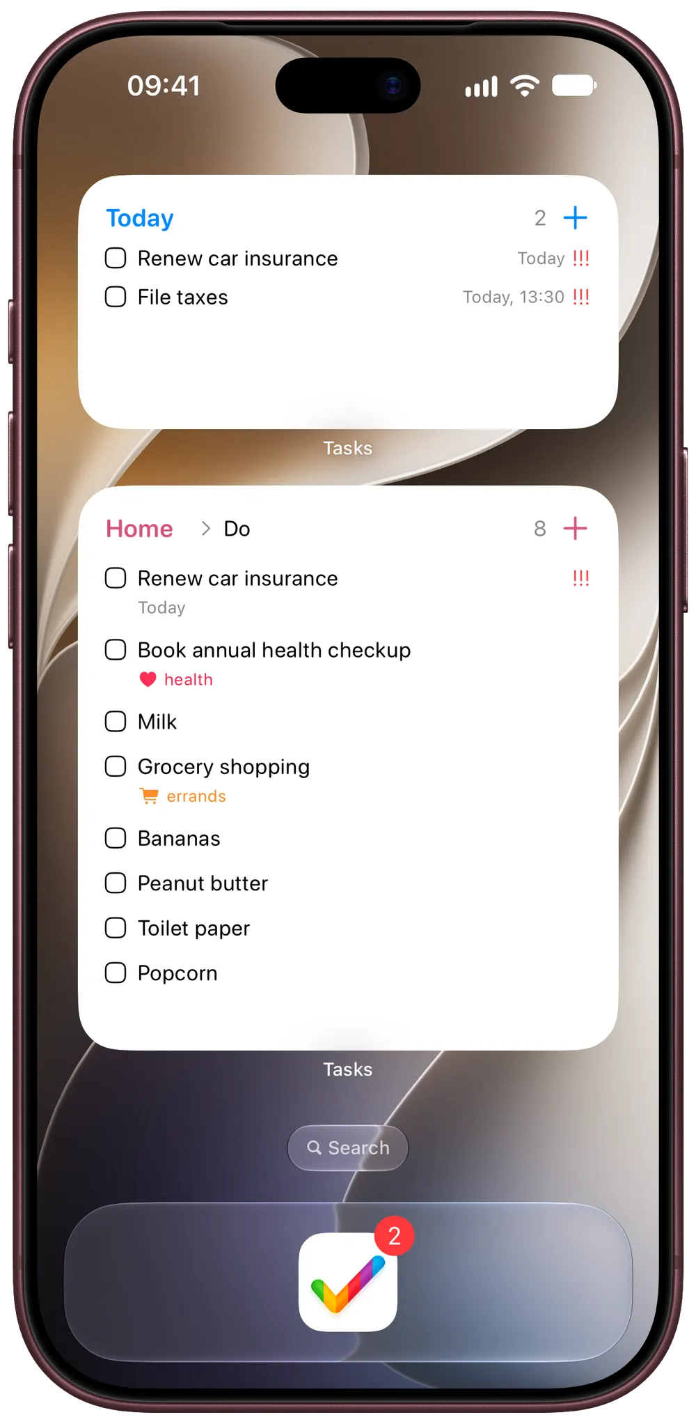 Tasks widgets on the iPhone Home Screen showing Today and a Home project list