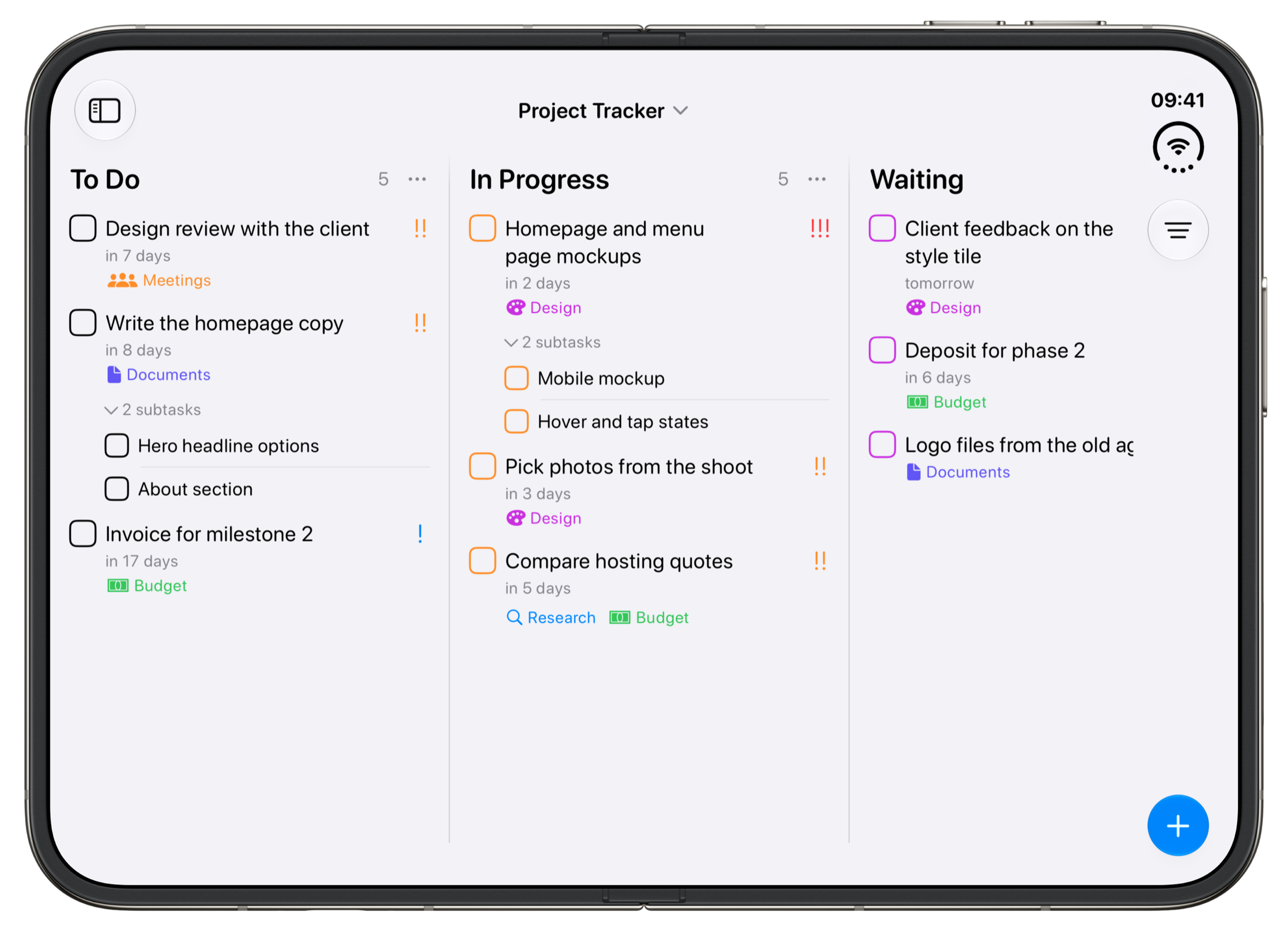 The Project Tracker example board in Tasks on an unfolded iPhone Duo