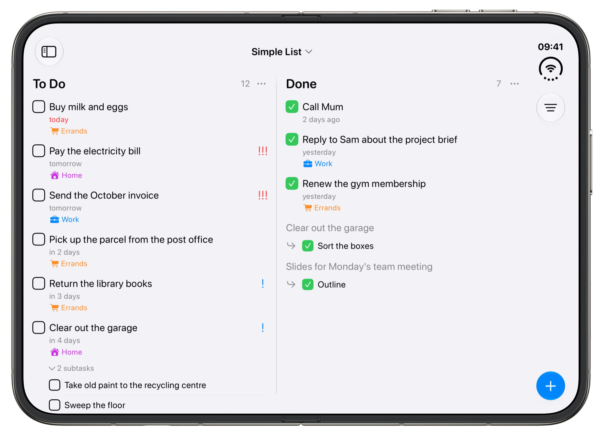 The Simple List example board in Tasks on an unfolded iPhone Duo