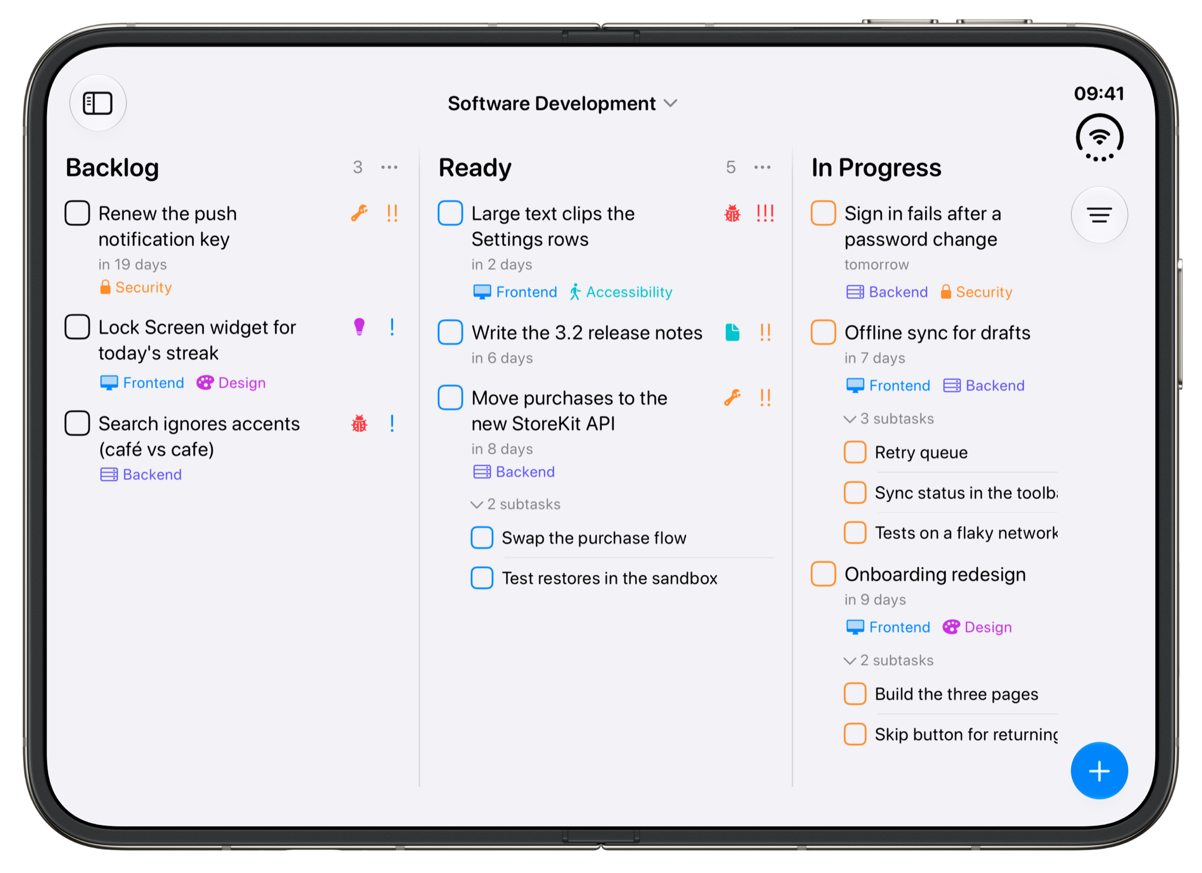 The Software Development example board in Tasks on an unfolded iPhone Duo