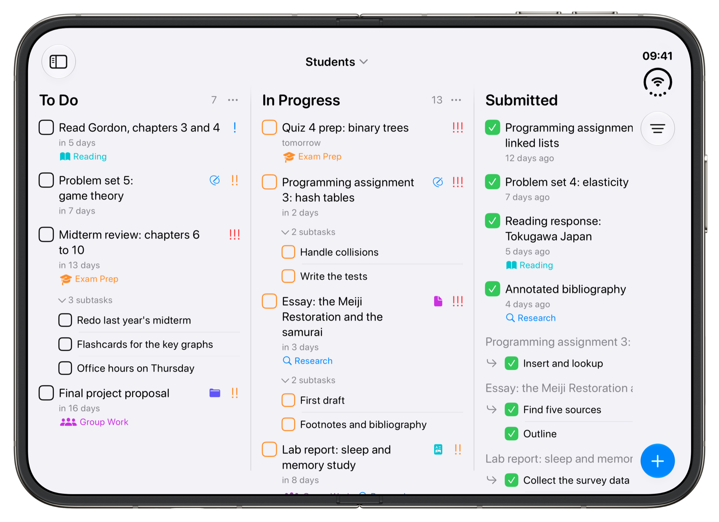 The Students example board in Tasks on an unfolded iPhone Duo