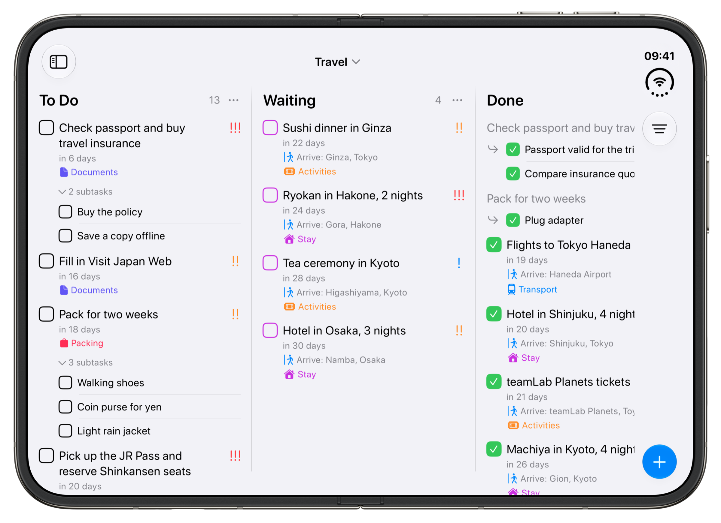 The Travel example board in Tasks on an unfolded iPhone Duo