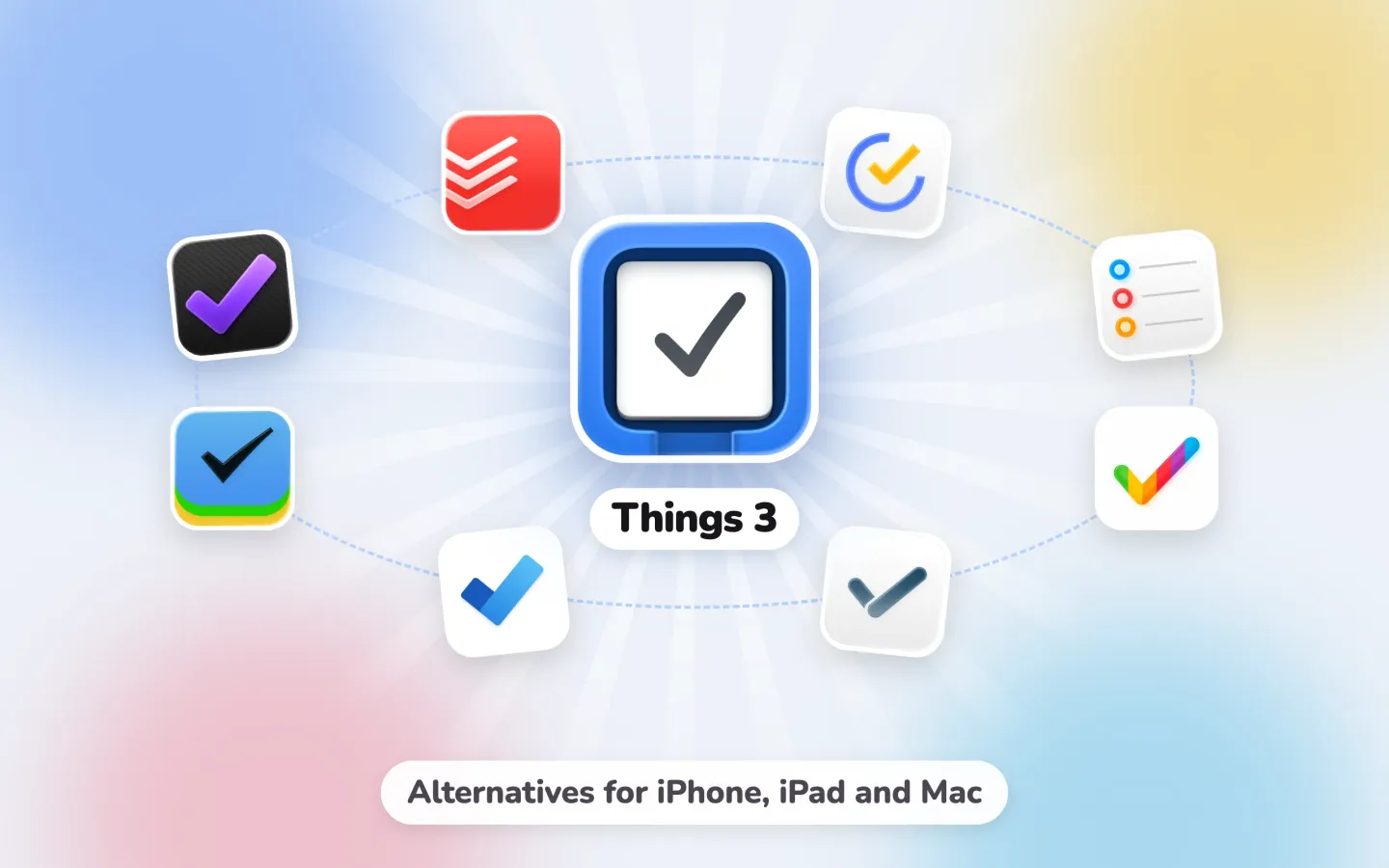 The Things 3 app icon in the middle of a dotted ring of eight other app icons: OmniFocus, Todoist, TickTick, Apple Reminders, Tasks, GoodTask, Microsoft To Do and 2Do, above the words Alternatives for iPhone, iPad and Mac.