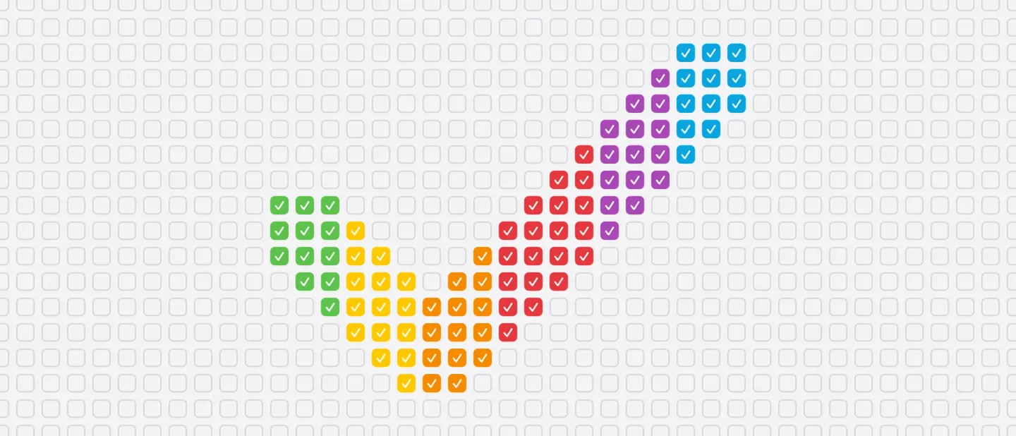 A wide header made of rows of empty grey rounded checkboxes on a light background. In the middle, a large tick is formed by ticked checkboxes in the Tasks rainbow: green and yellow on the short stroke, then orange, red, purple and blue rising up the long stroke to the right.