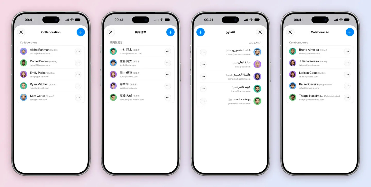 Four iPhones showing the Work project's Collaboration screen in four languages. English: Aisha Rahman, Daniel Brooks (Admin), Emily Parker, Ryan Mitchell and Sam Carter (Owner). Japanese, titled 共同作業: Nakamura Shota, Sato Kenta (owner), Tanaka Yuka, Suzuki Aya and Takahashi Daisuke. Arabic, mirrored right to left with the avatars on the right: Khalid Al Mansouri (owner), Sara Al Ali, Aisha Al Husseini, Karim Nasser and Youssef Haddad. Brazilian Portuguese, titled Colaboração: Bruno Almeida, Juliana Pereira, Larissa Costa, Rafael Oliveira (Proprietário) and Thiago Nascimento. Each person has a local email such as kenta@sato.com.