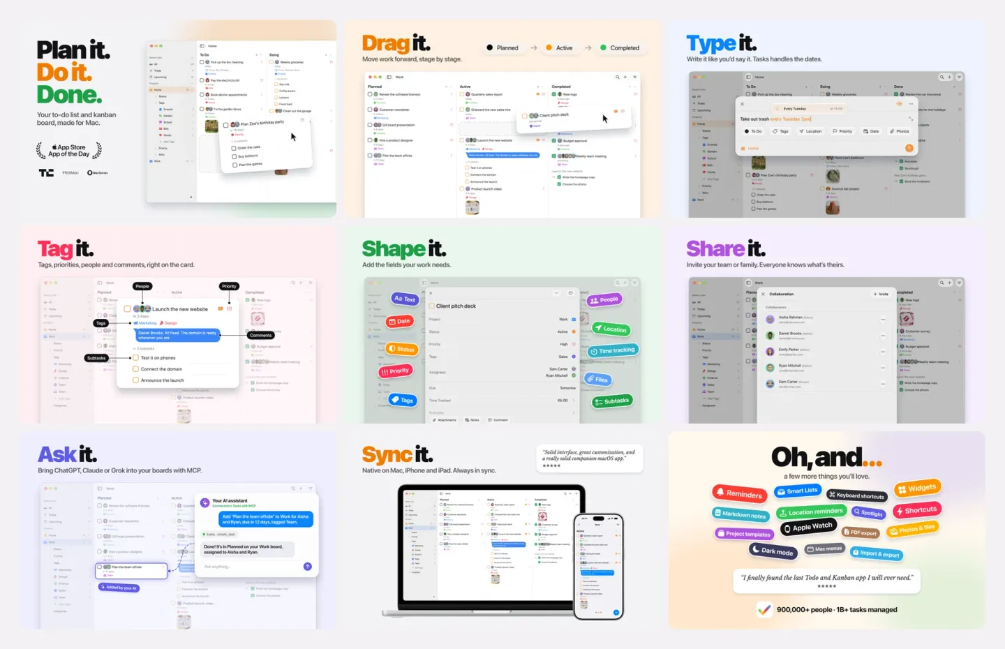 The nine English Mac App Store screenshots in a three by three grid: Plan it. Do it. Done. with the Home board and App of the Day award; Drag it. with a task moving from Active to Completed; Type it. with the quick-add sheet; Tag it. with labels pointing at a task's tags, priority, people, comments and subtasks; Shape it. with field badges around the Client pitch deck task; Share it. with the Collaboration panel; Ask it. with an AI assistant adding Plan the team offsite through MCP; Sync it. with a MacBook and an iPhone showing the same Work board; and Oh, and… with chips for Reminders, Smart Lists, Keyboard shortcuts, Widgets and more above a customer review and 900,000+ people · 1B+ tasks managed.