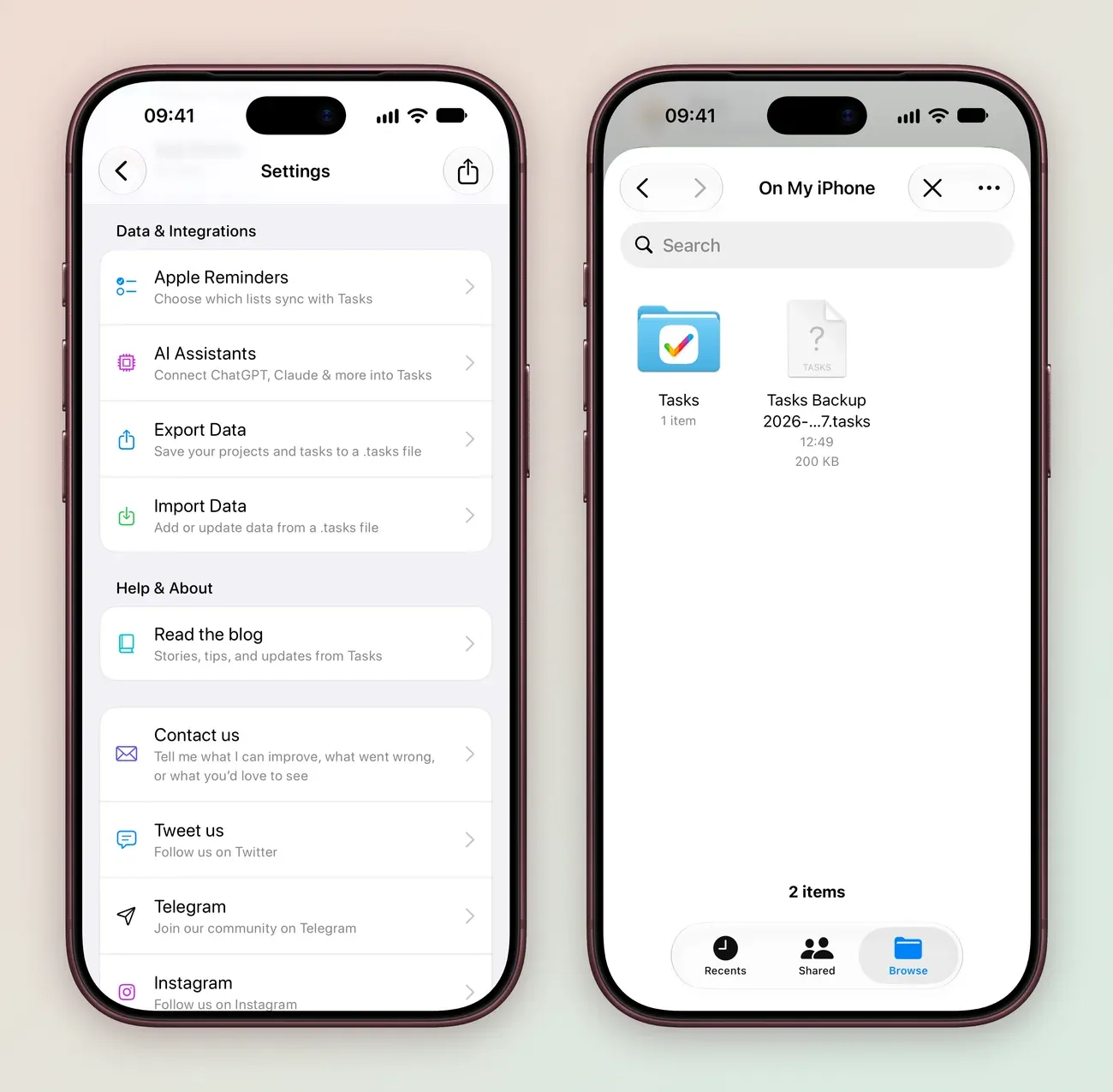 Two iPhone screens: Tasks Settings showing Data and Integrations with Apple Reminders, AI Assistants, Export Data to save your projects and tasks to a .tasks file, and Import Data to add or update data from a .tasks file, then Help and About; and the file picker On My iPhone with a Tasks folder and a Tasks Backup 2026 .tasks file of 200 KB.