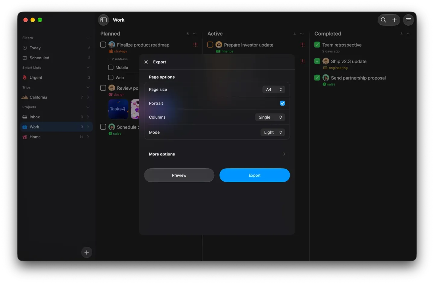The Tasks Mac window in dark mode with the Work board behind the Export panel, showing Page size A4, Portrait checked, Columns Single, Mode Light, More options, and Preview and Export buttons.