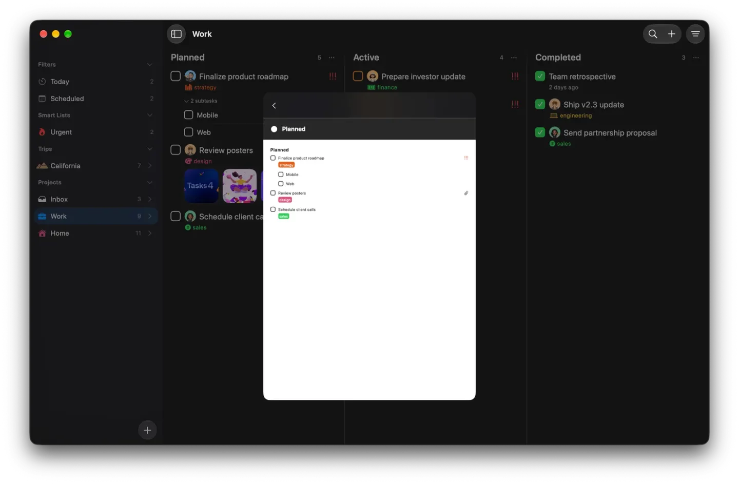 The Tasks Mac window in dark mode showing the PDF preview of Work over the board, with the Planned section listing Finalize product roadmap with Mobile and Web subtasks, Review posters and Schedule client calls.